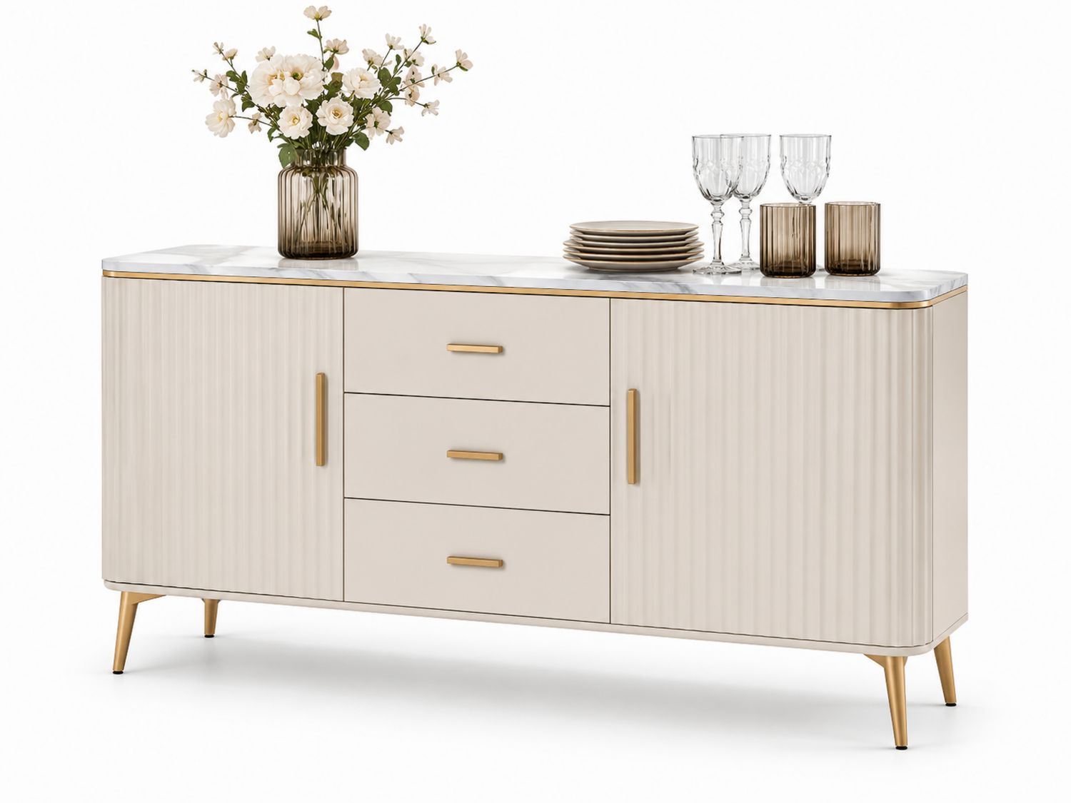 Sideboard aus MDF mit Marmoroberfläche Beige und Gold 160x40x80cm-Soliraliving