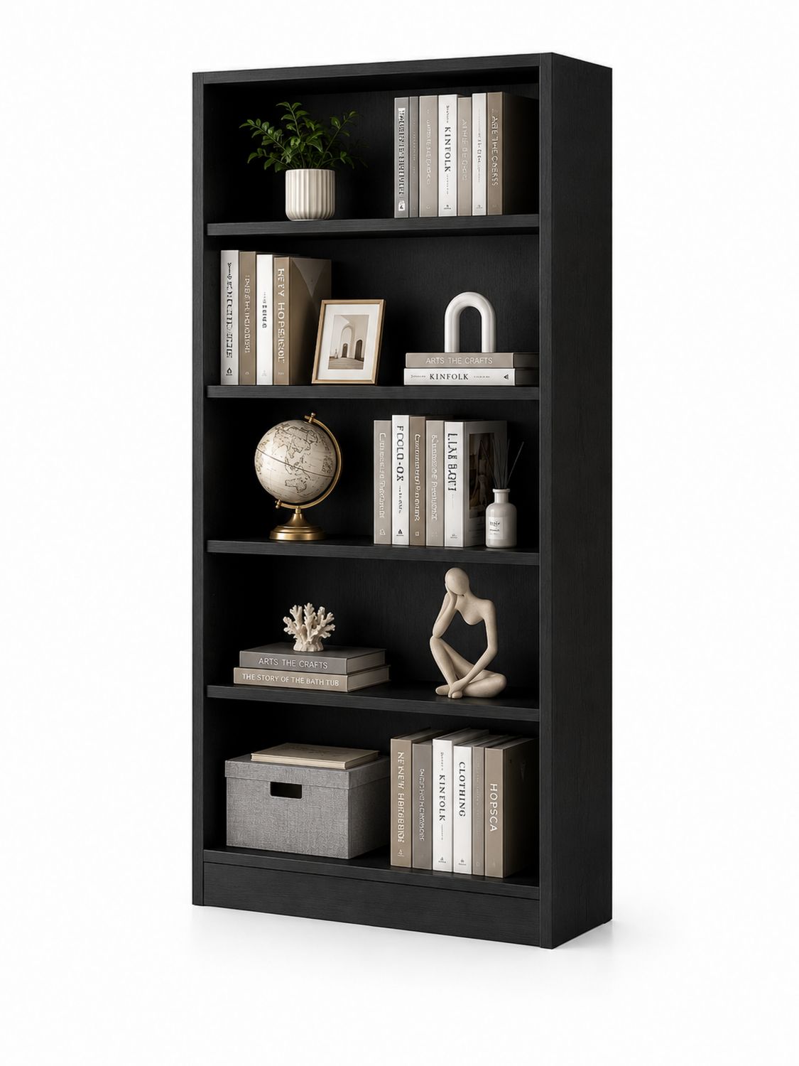 Schwarzes Holz-Bücherregal mit Festen Regalen 180cm-Soliraliving