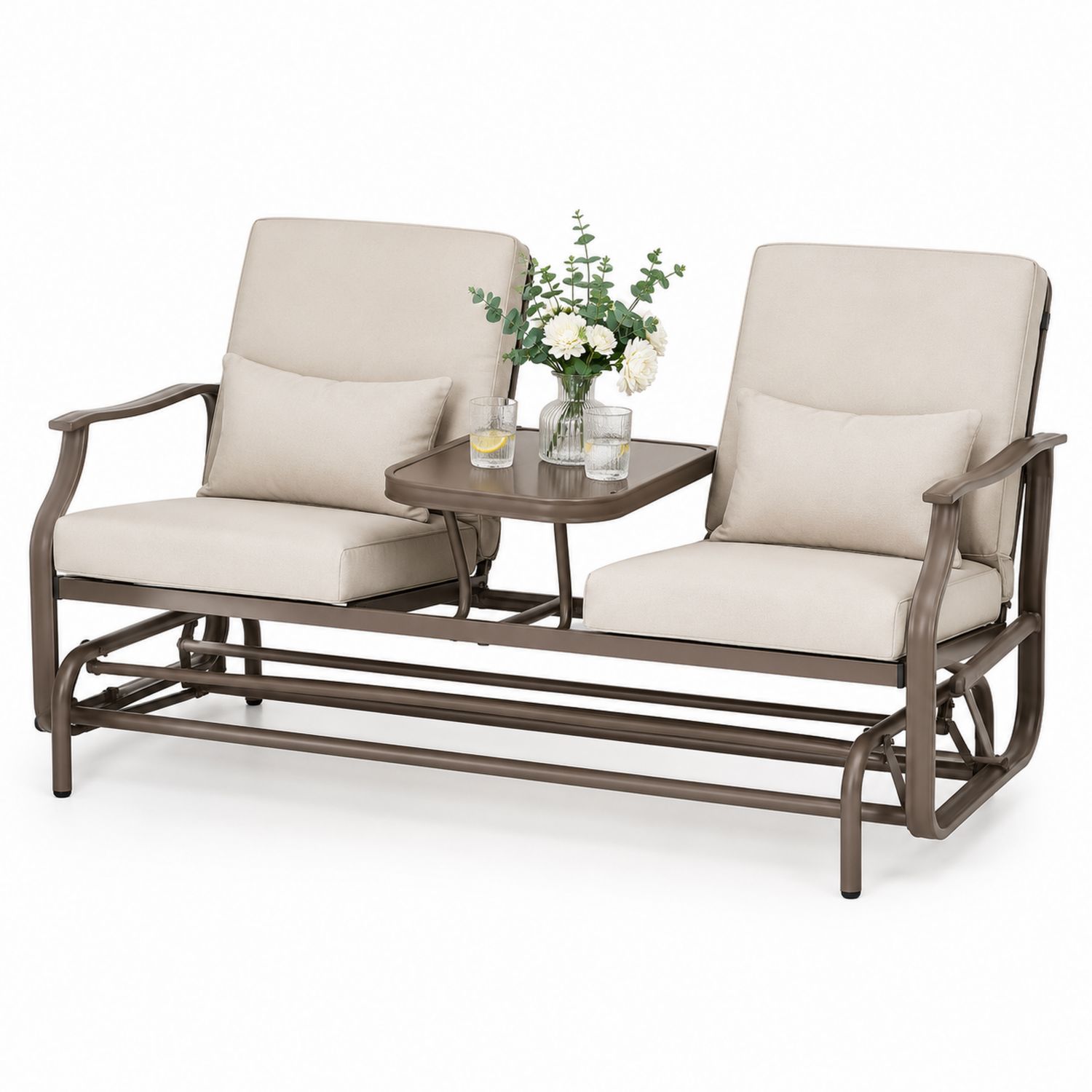 Metall Zweisitzer Schaukelstuhl mit Tisch Polyester Beige-Soliraliving