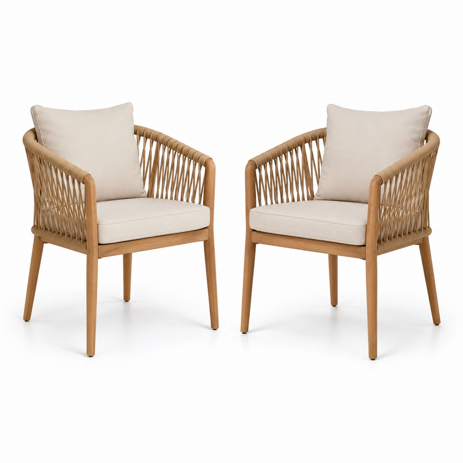 Outdoor-Stuhl-Set mit Kissen, Holz und Geflecht, Beige, 2er-Set-Soliraliving
