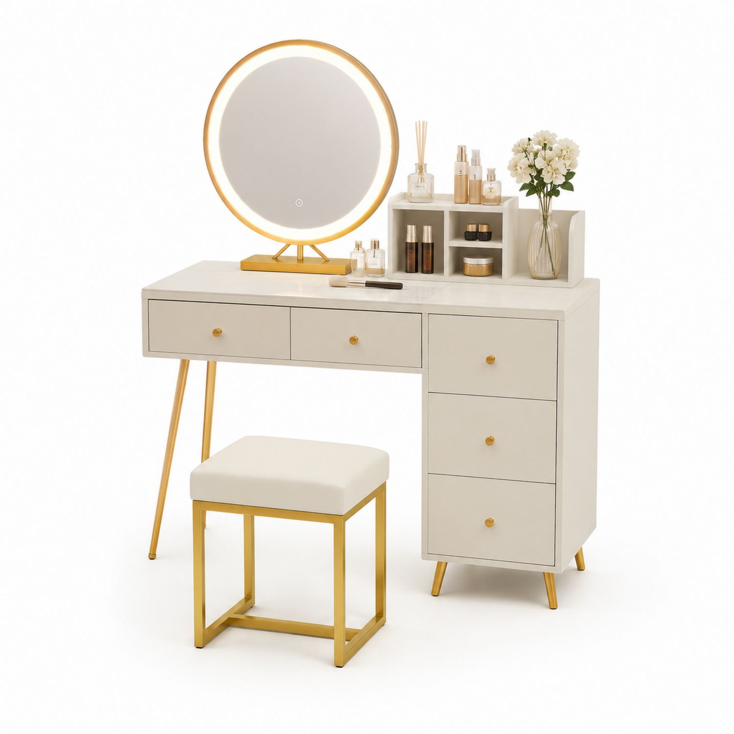 MDF Schminktisch Set mit LED Spiegel und Hocker Weiß/Gold-Soliraliving