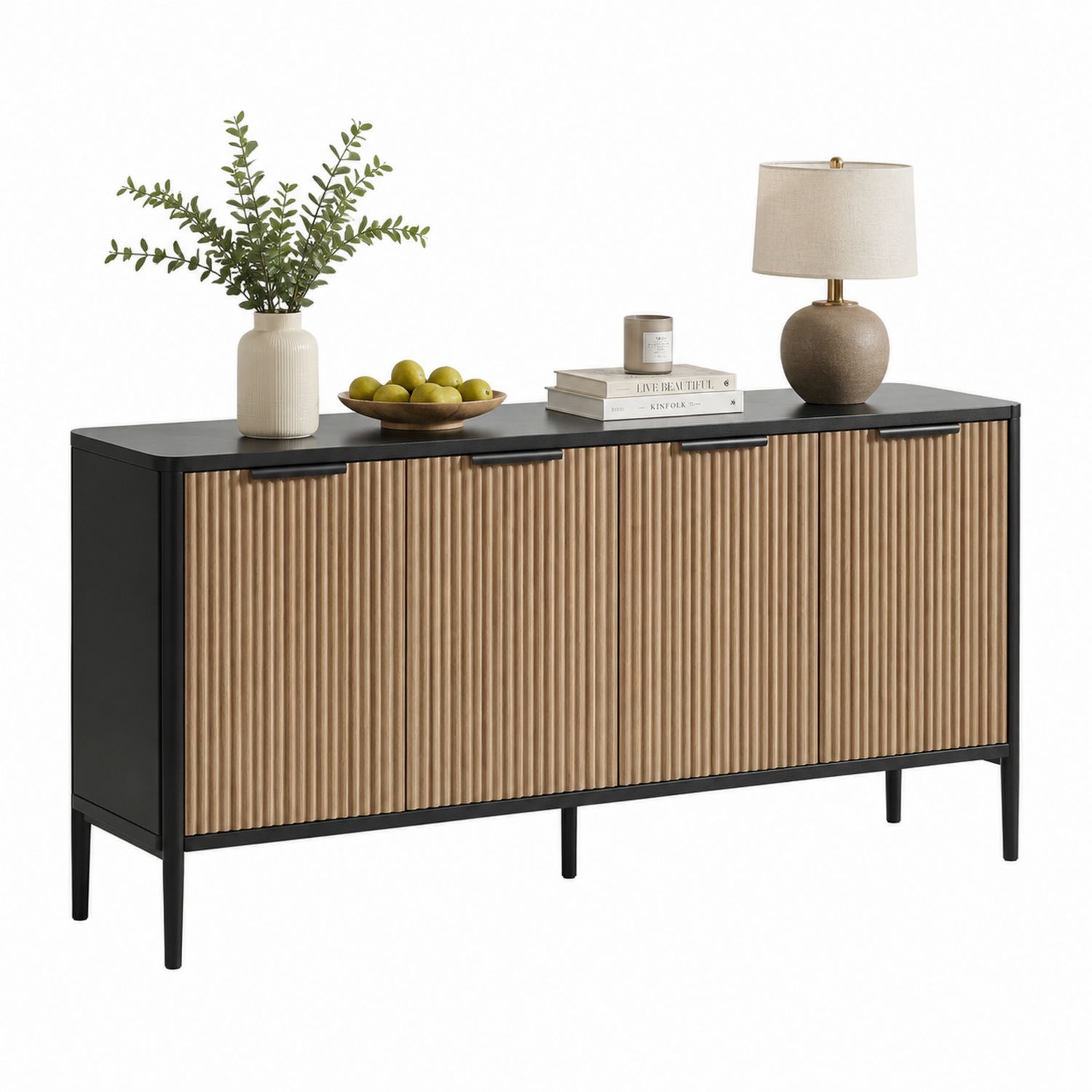 Sideboard MDF Metall mit 4 Türen Schwarz/Natur-Soliraliving