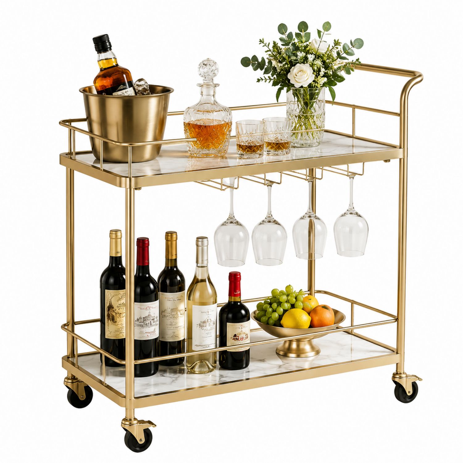 Metall-Barwagen mit Marmorböden, Gold, 80x40x85 cm-Soliraliving