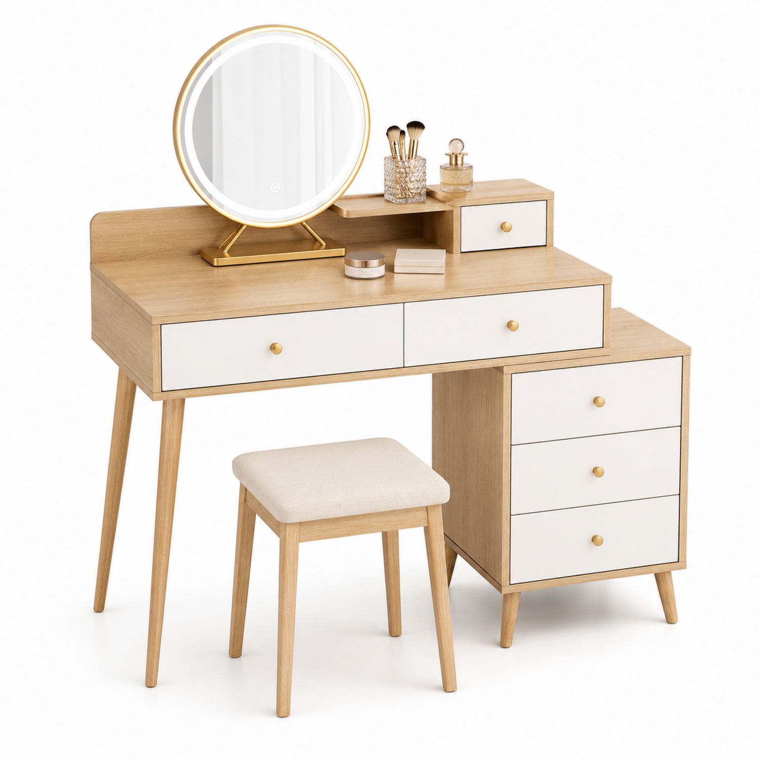 Schminktisch Set mit Spiegel und Hocker aus Holz/Weiß-Soliraliving