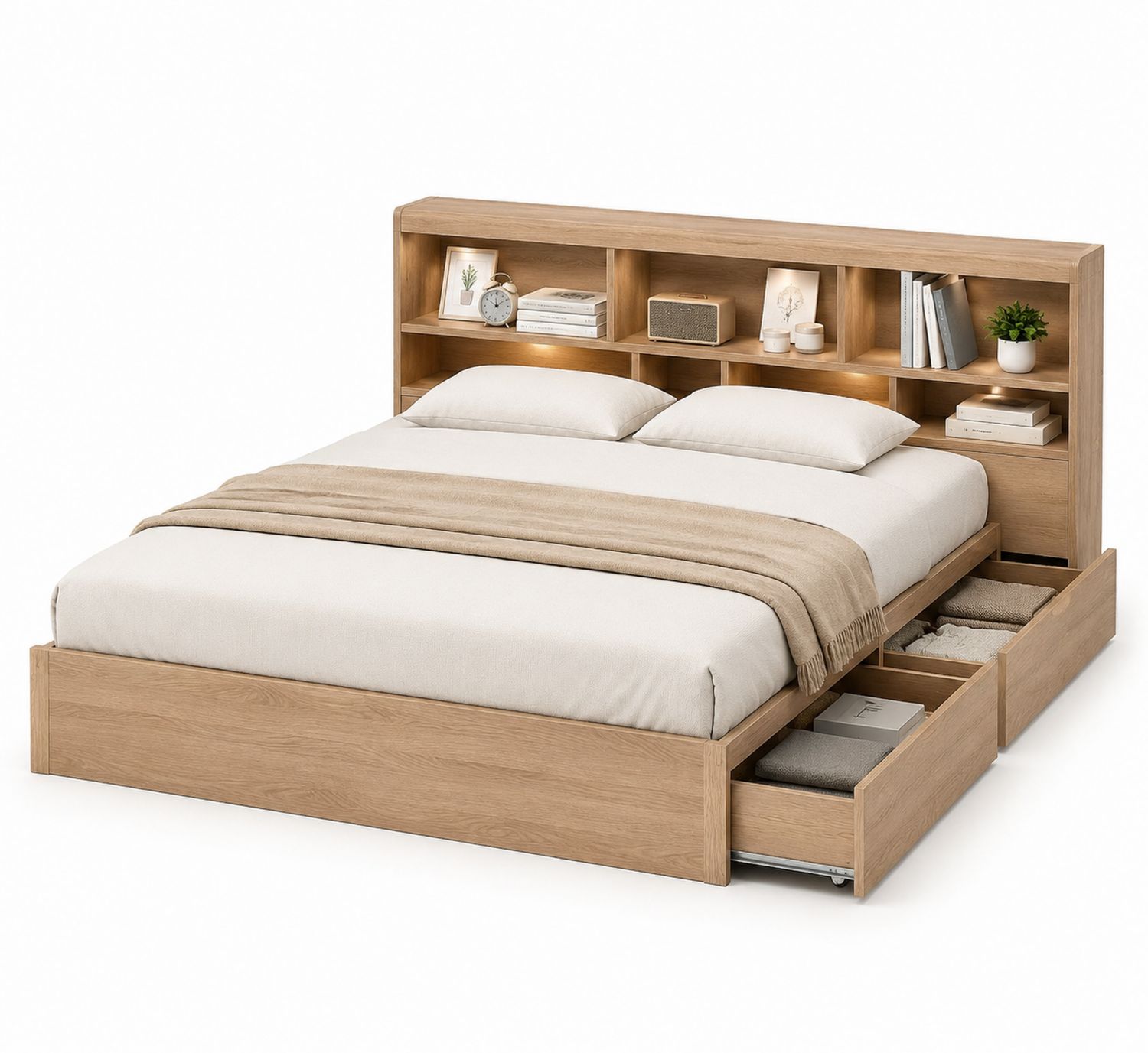 Holzbett mit Regal-Kopfteil und Schubladen, 200x180 cm-Soliraliving