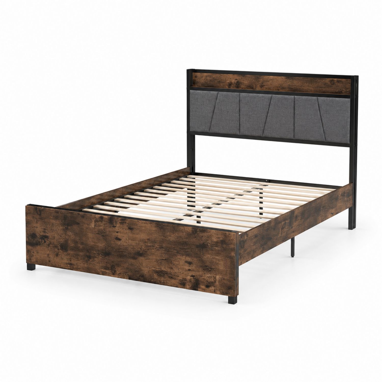Holzbett mit Metallrahmen und gepolstertem Kopfteil 200x140 cm Braun/Schwarz