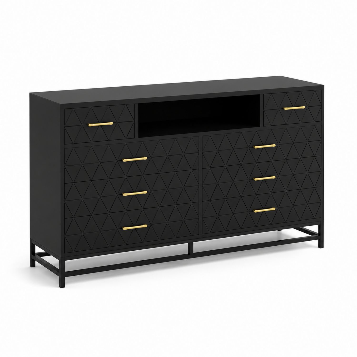 Schwarze Kommode aus MDF mit geometrischem Muster und Metallgriffen