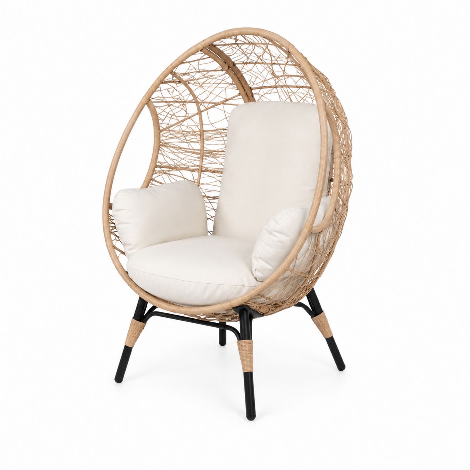 Egg Chair aus Stahl und Polyrattan Beige/Schwarz