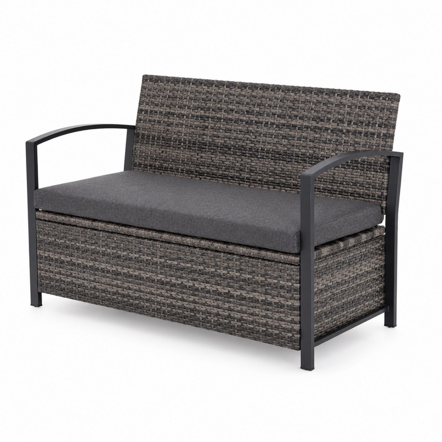 Outdoor-Bank aus Poly-Rattan mit integriertem Stauraum, Grau/Dunkelgrau