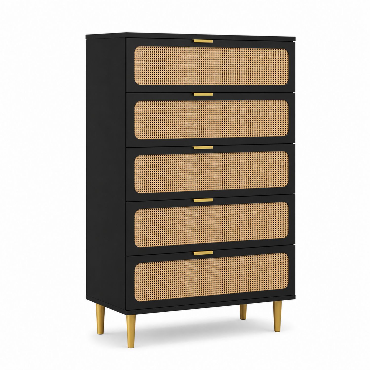 Kommode mit 5 Schubladen aus MDF und Rattan, Schwarz/Gold