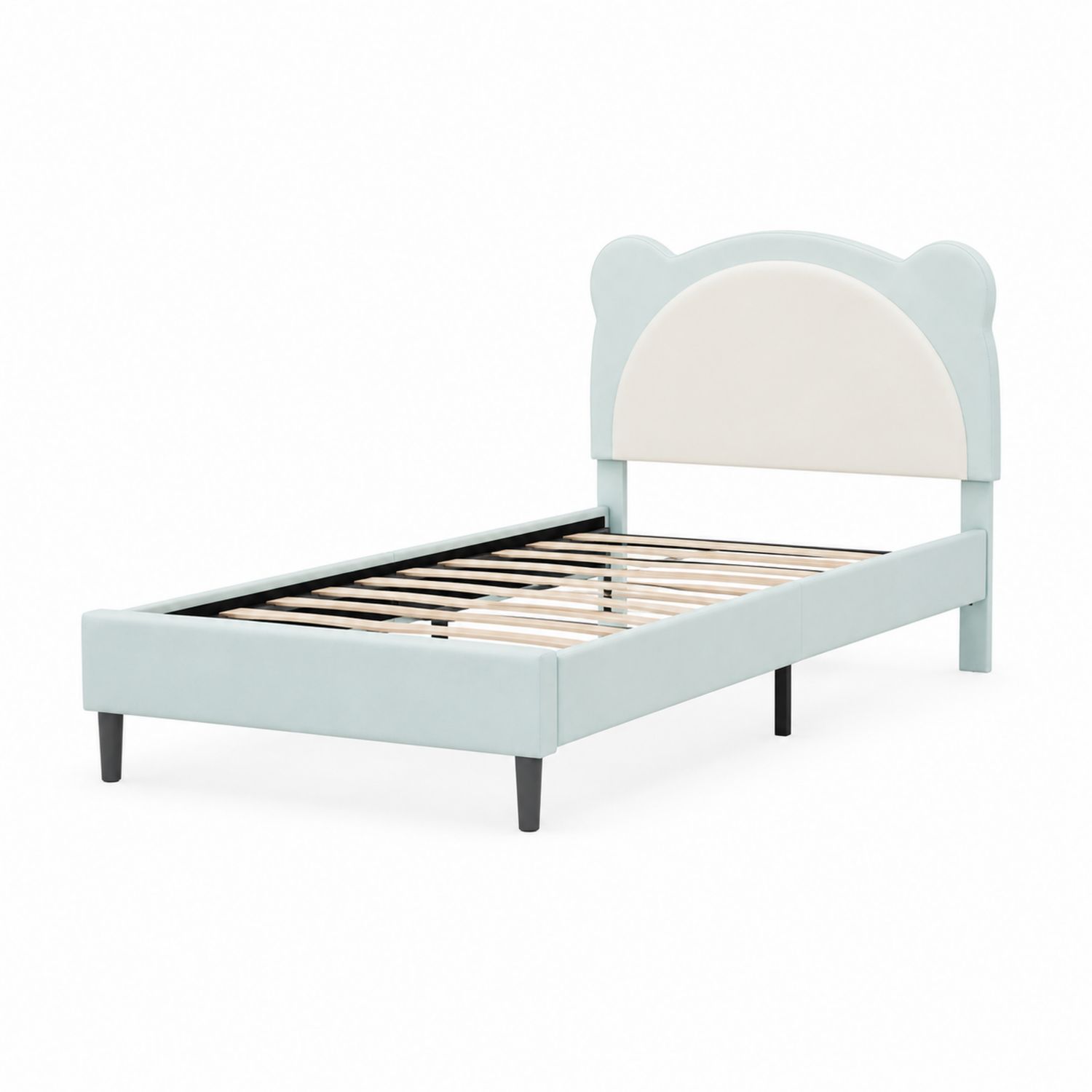 Kinderbett Einzelbett Teddy-Design 200x90 cm Holzrahmen Stoff Hellblau/Creme