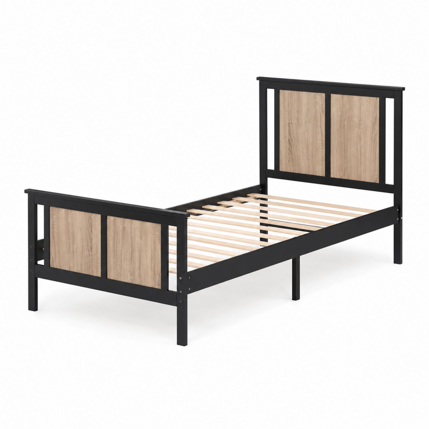 Einzelbett Metall mit Holzpaneelen 210x98x90 cm Schwarz/Natur