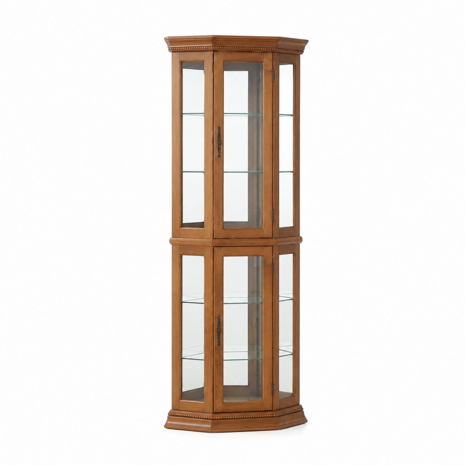 Eckvitrine aus Eiche mit gehärteten Glastüren