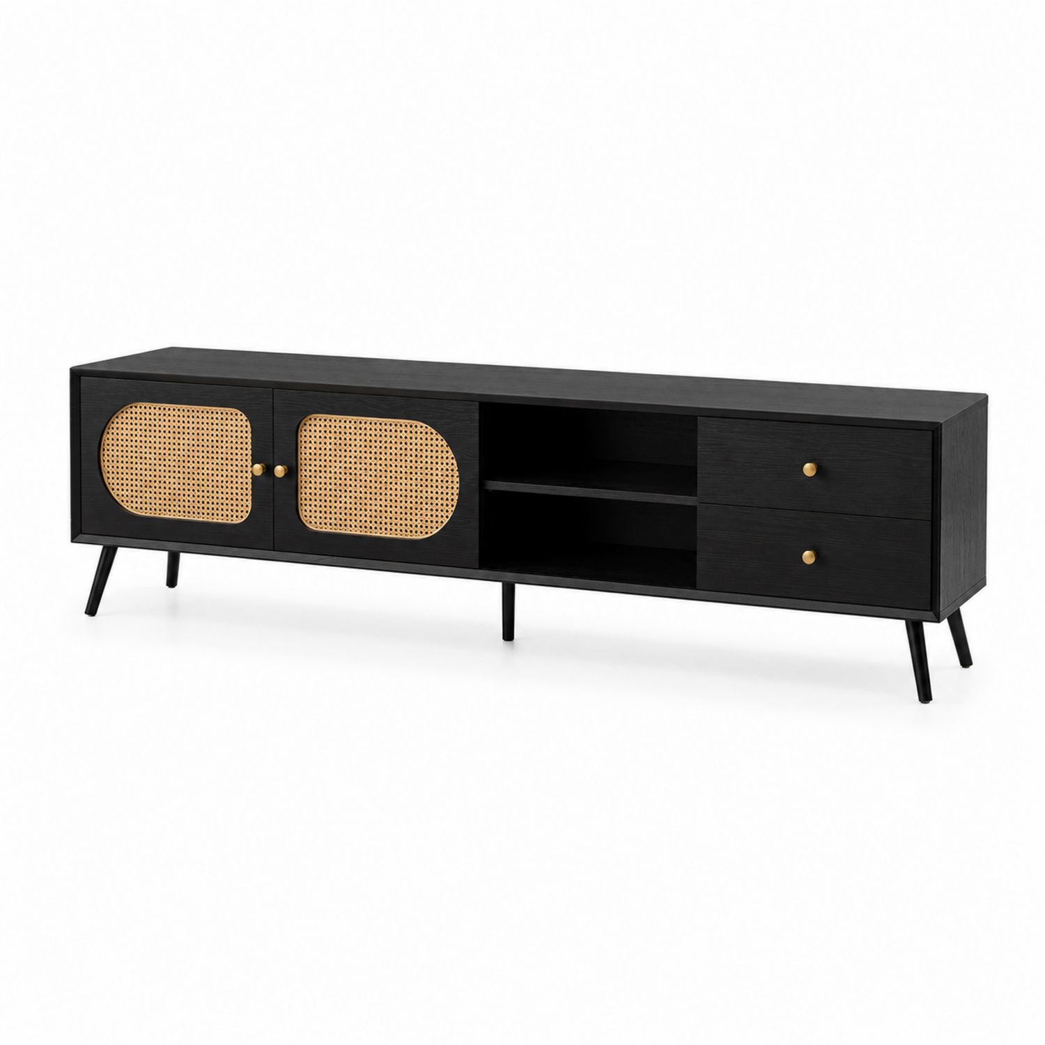 TV-Schrank aus Holz mit Rattangewebe, Schwarz, 180x40x50 cm