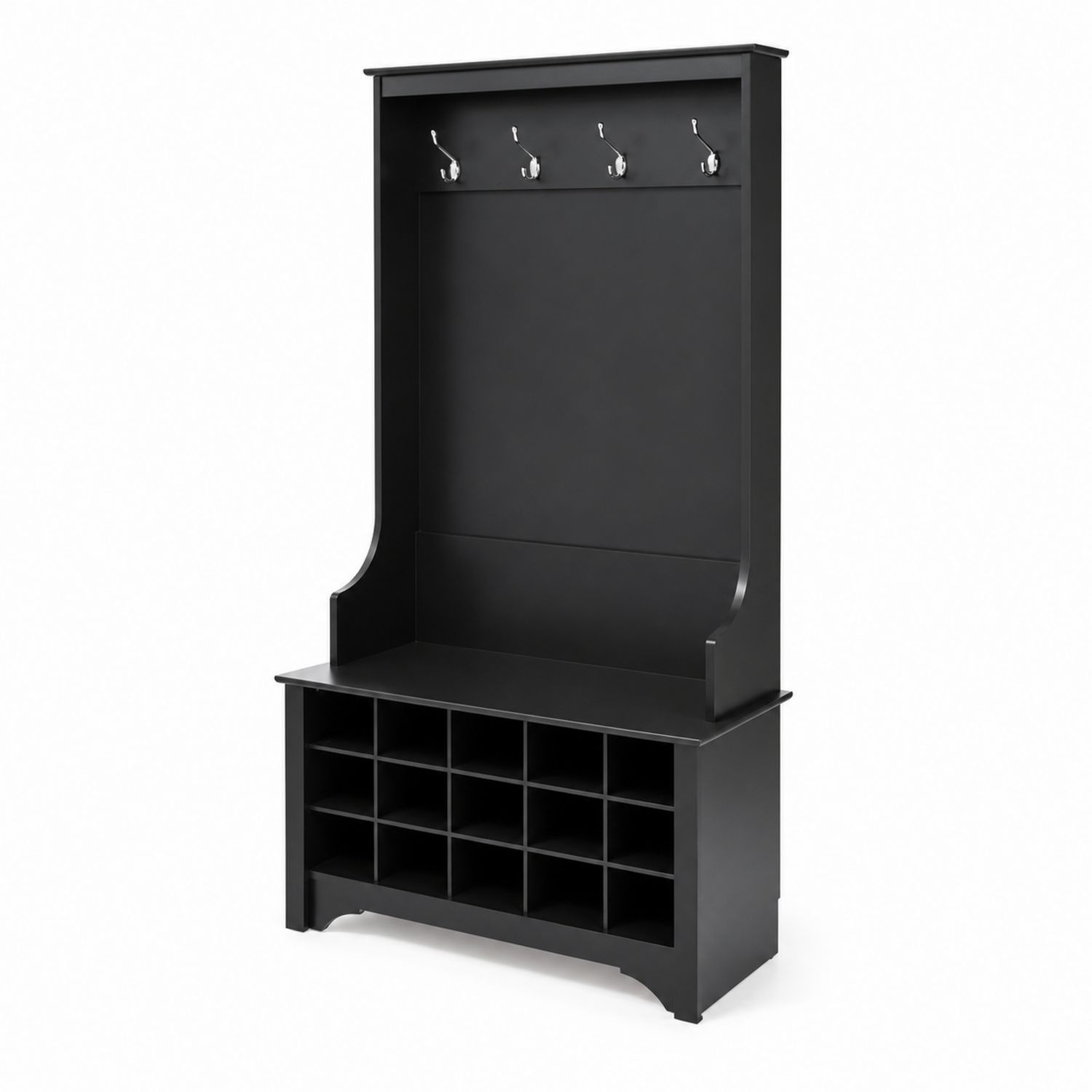 Schwarze Garderobenbank mit 12 Fächern und 4 Haken aus MDF 186x101x40 cm