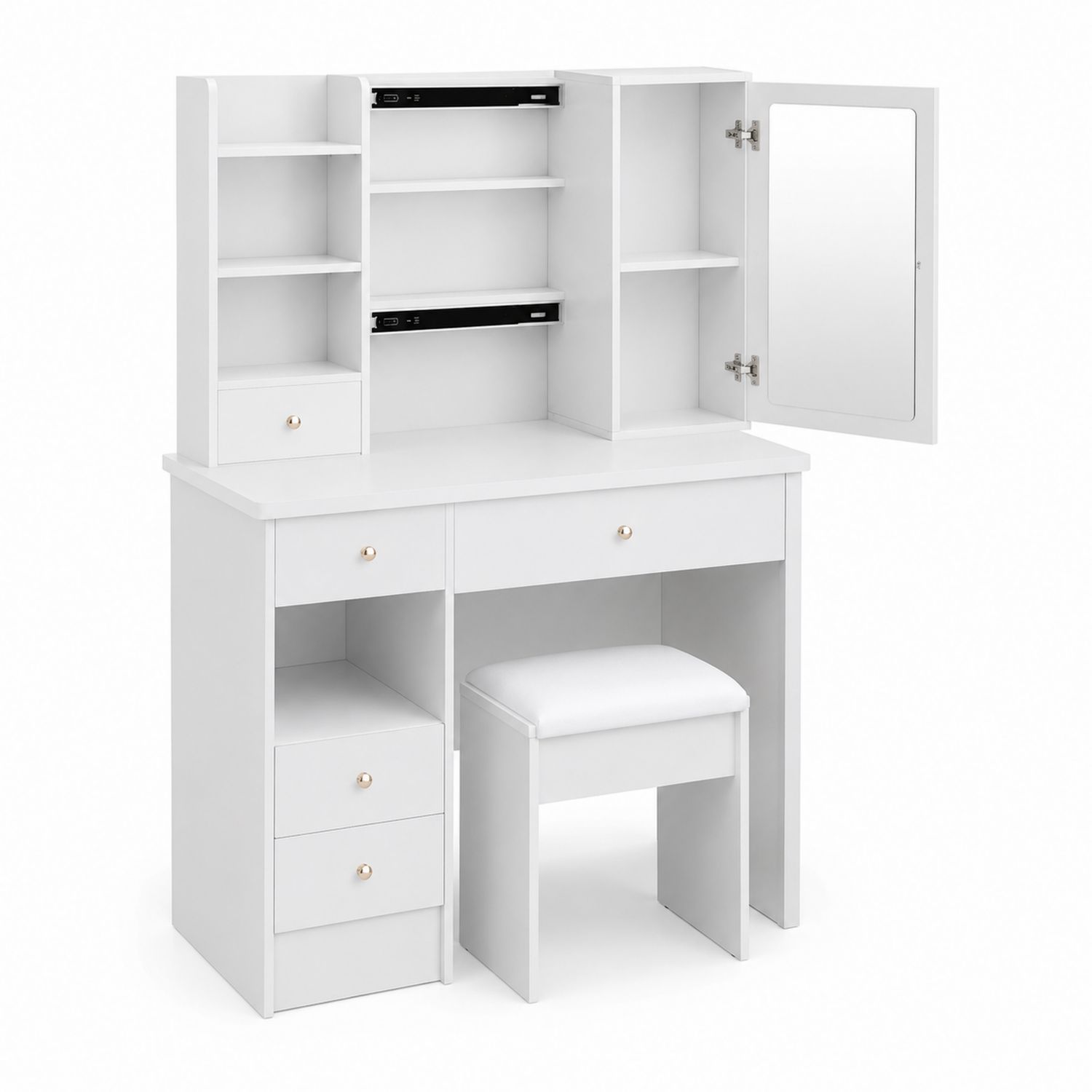 Schminktisch Set mit Spiegel und Hocker Weiß MDF