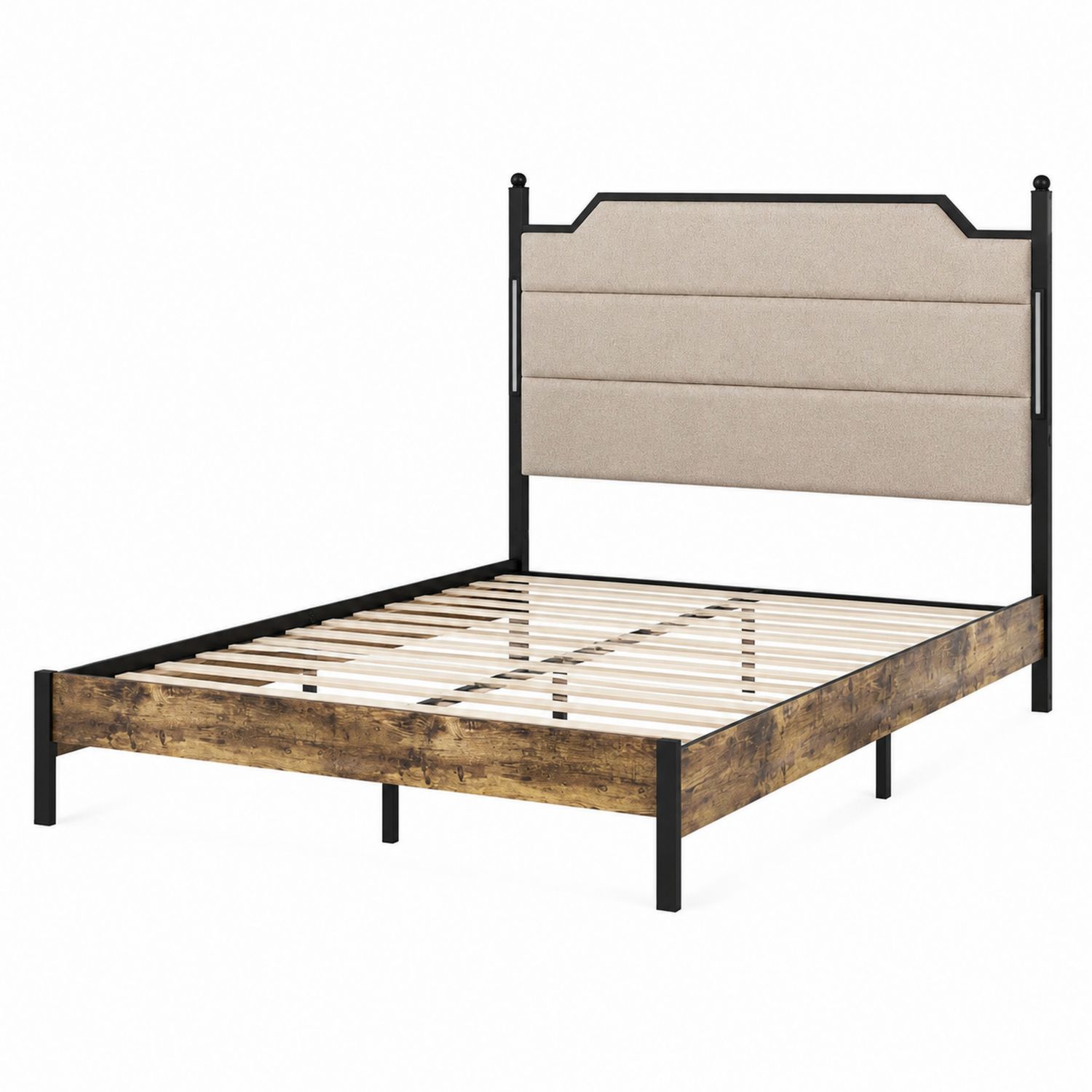 Bett Metallrahmen mit Textilpolsterkopfteil Schwarz Beige 200x140 cm