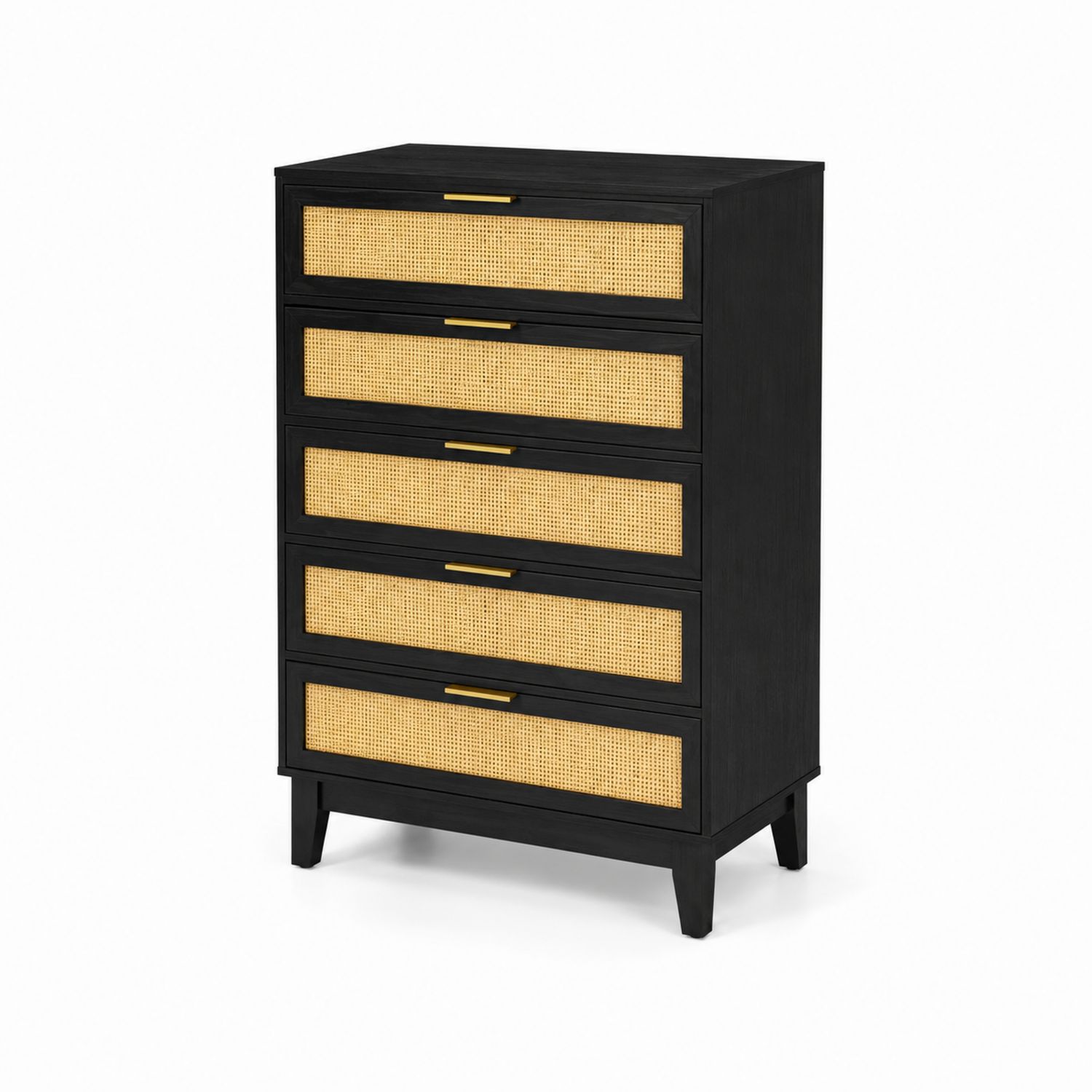 Kommode mit 5 Schubladen aus Holz und Bastgeflecht