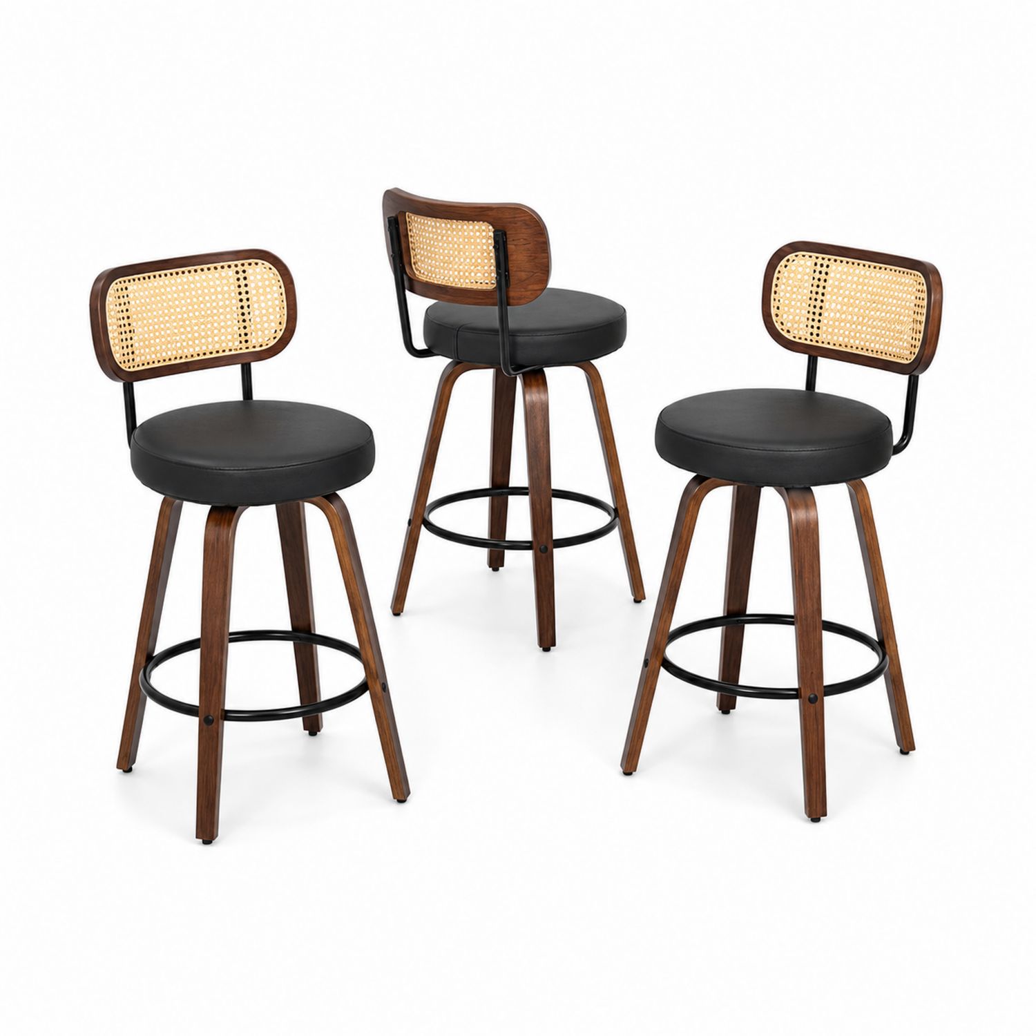 3-teiliges Barhocker-Set mit PU-Ledersitz und Geflecht-Rückenlehne, Holz und Metall, Schwarz/Natur
