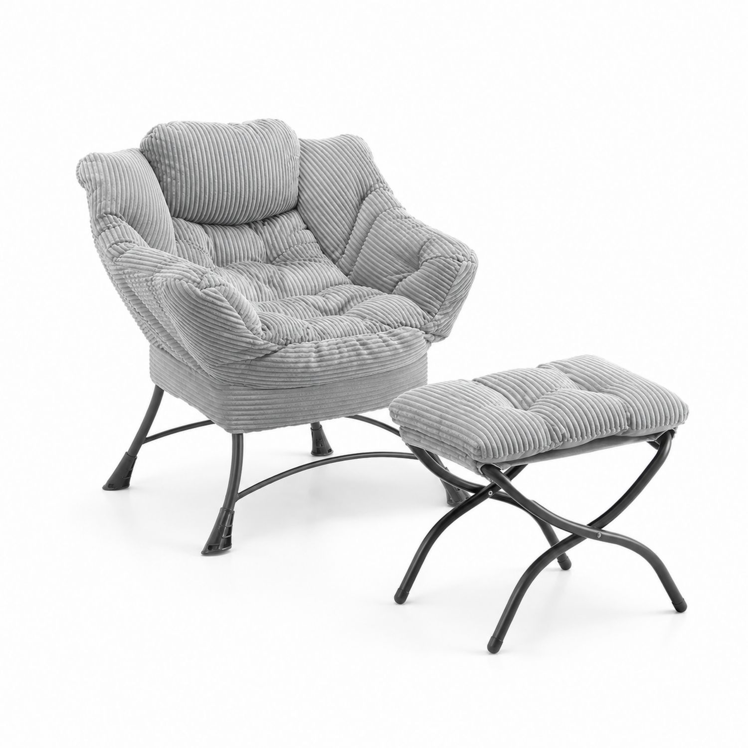 Sessel mit Hocker Set aus Kord mit Metallrahmen in Grau