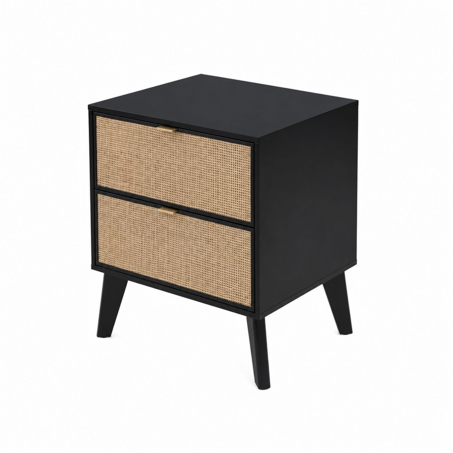 Holz- und Rattan-Nachttisch mit 2 Schubladen in Schwarz 40x30x60 cm