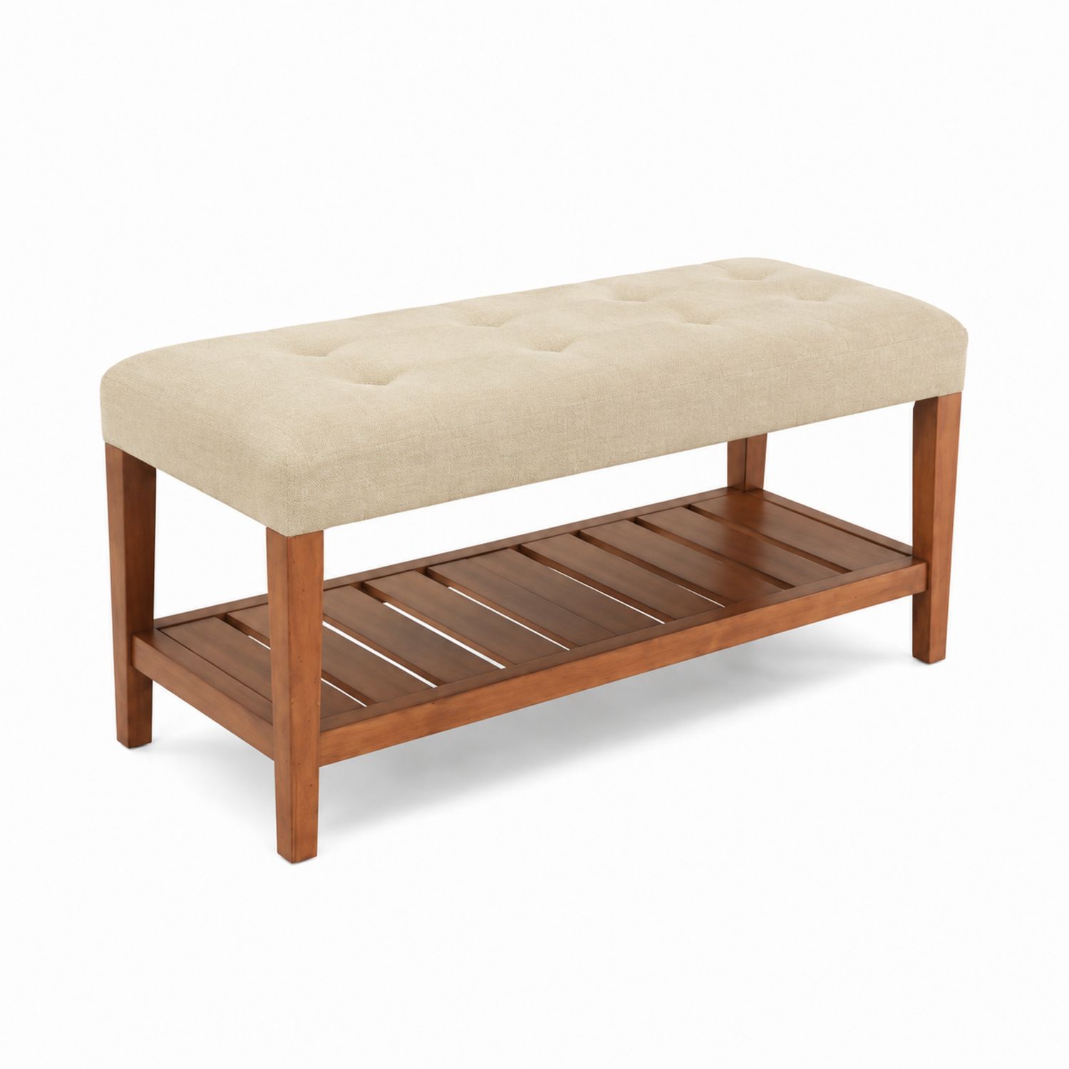 Polsterbank mit Holzregal Beige
