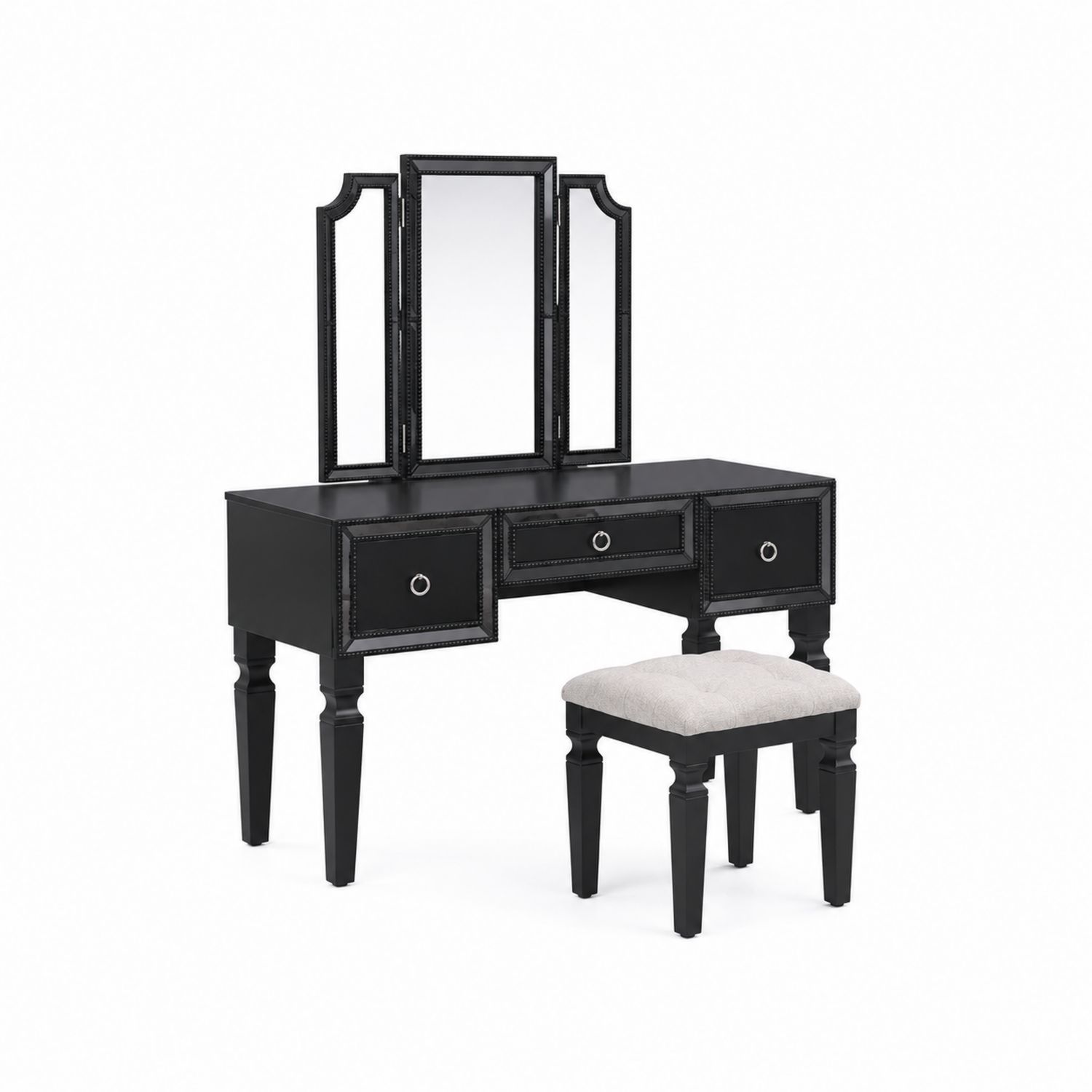 Schminktisch Set mit Hocker und Spiegeln Schwarz Holz