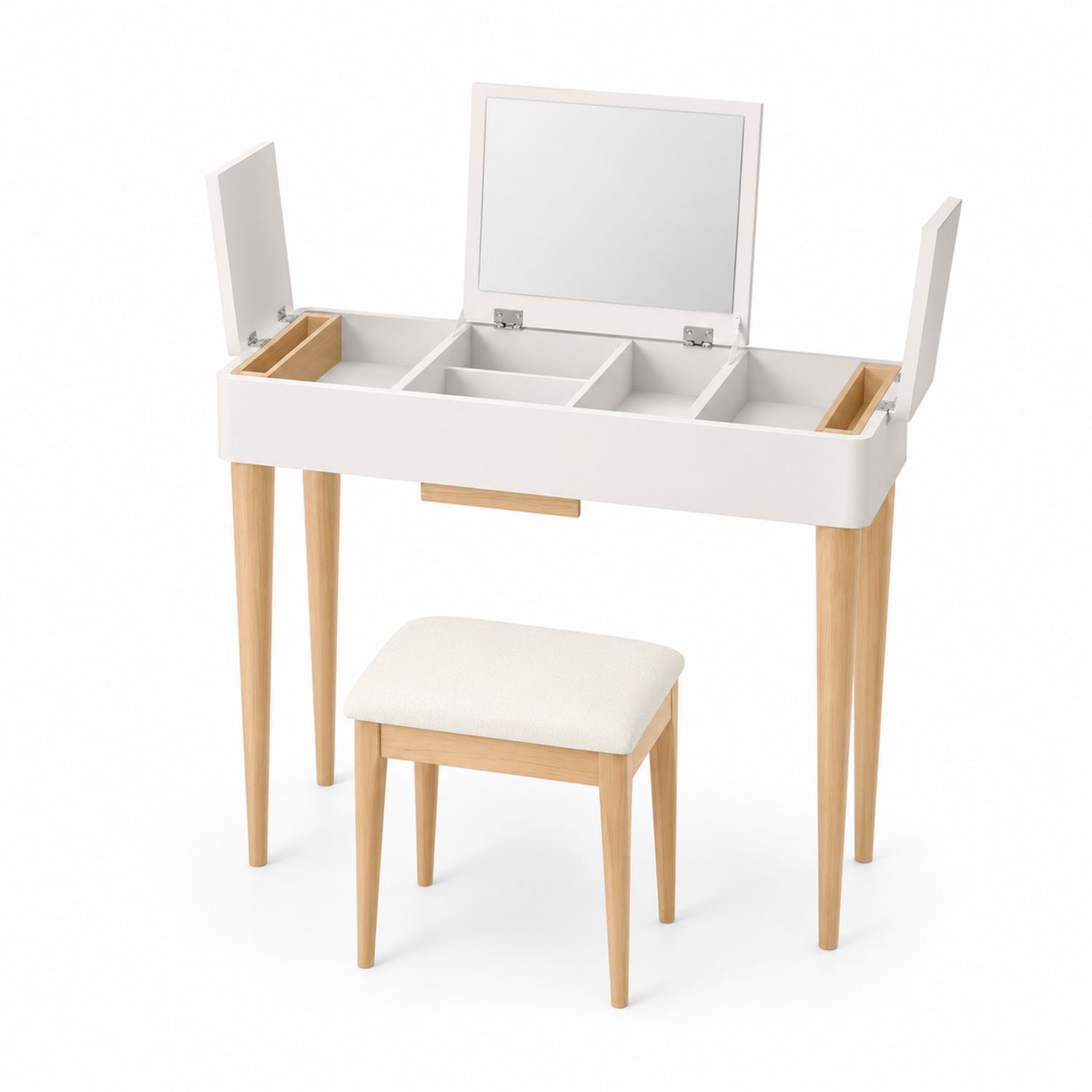 Schminktisch-Set mit Spiegel und Hocker, MDF und Eschenholz, Weiß/Natur