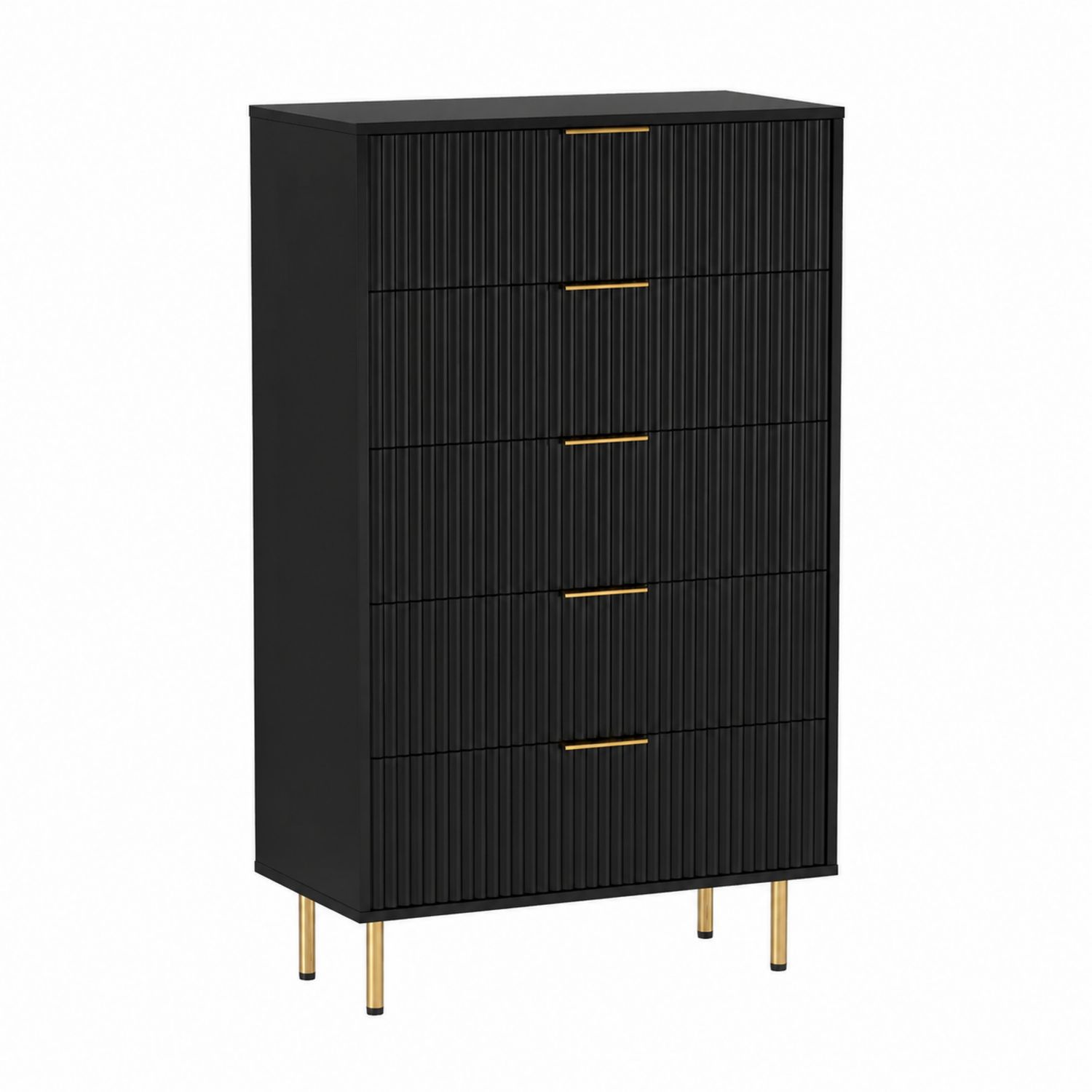 Kommode Holz Schwarz 5 Schubladen Goldene Griffe