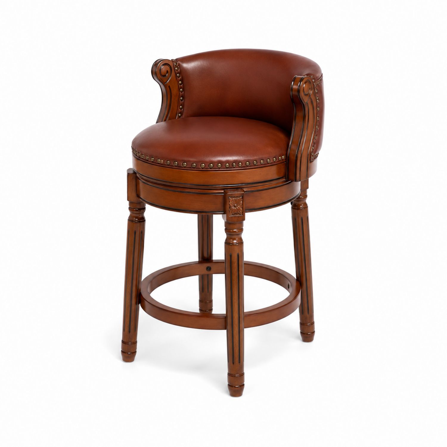 Runder Barhocker Lederpolster Massivholz Braun