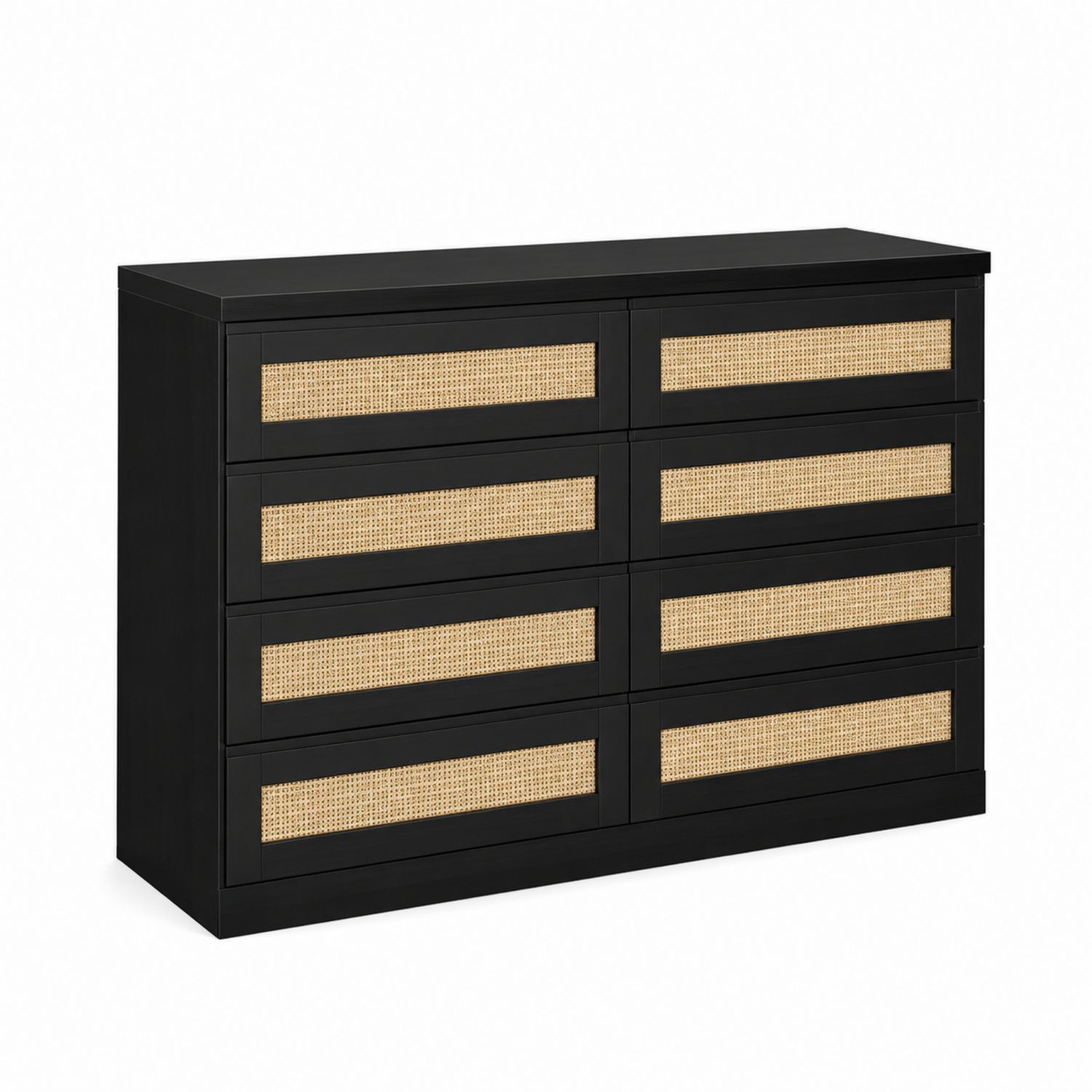 Holzkommode Schwarz mit Rattangeflecht und 8 Schubladen 120x80x40cm