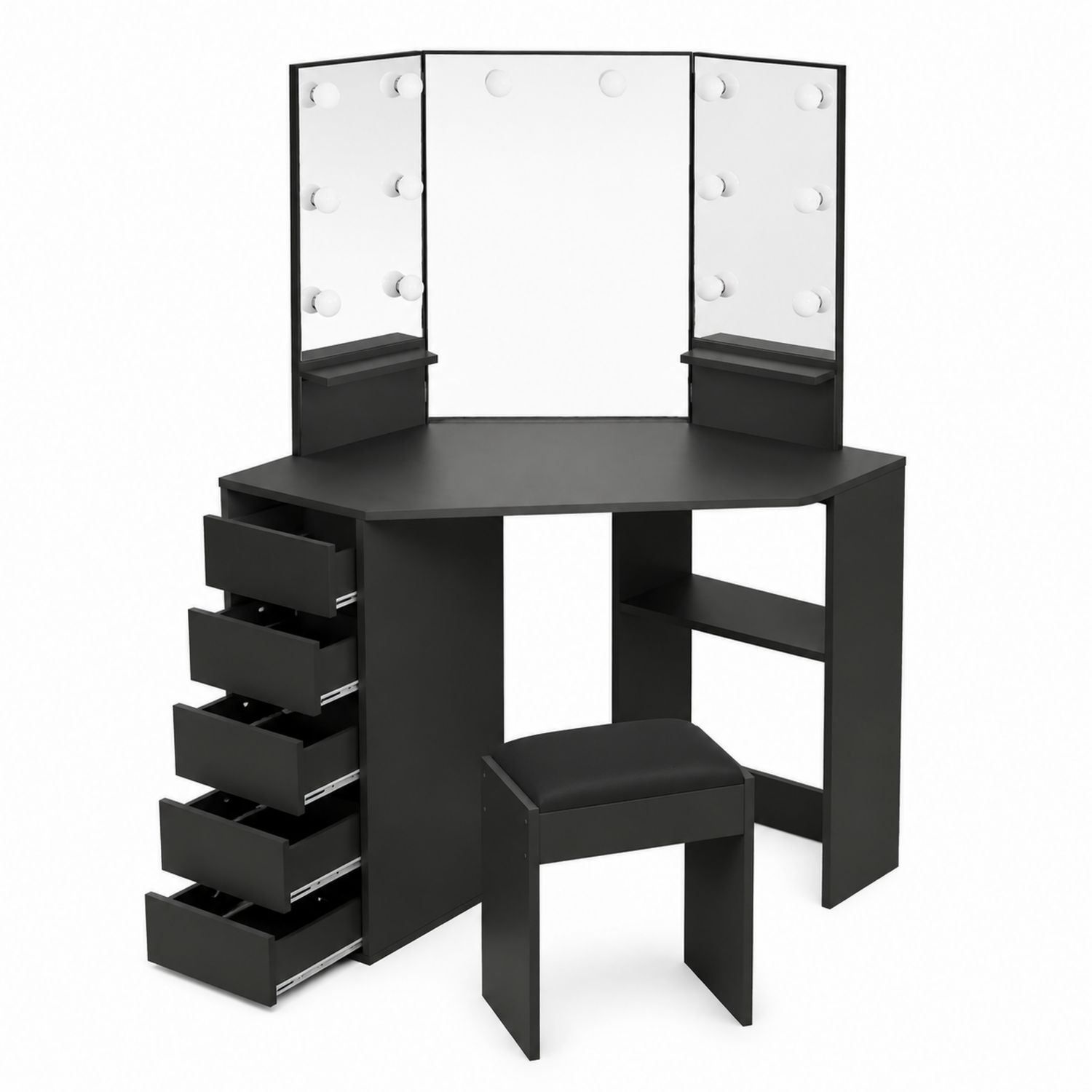 Eckschminktisch aus MDF mit Spiegel und Hocker in Schwarz