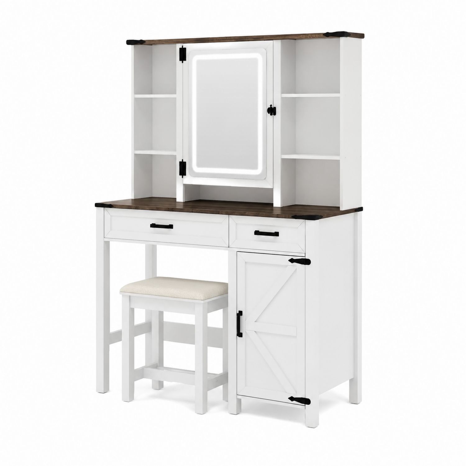 Schminktisch-Set aus Holz mit LED und Spiegel, Weiß/Dunkelbraun