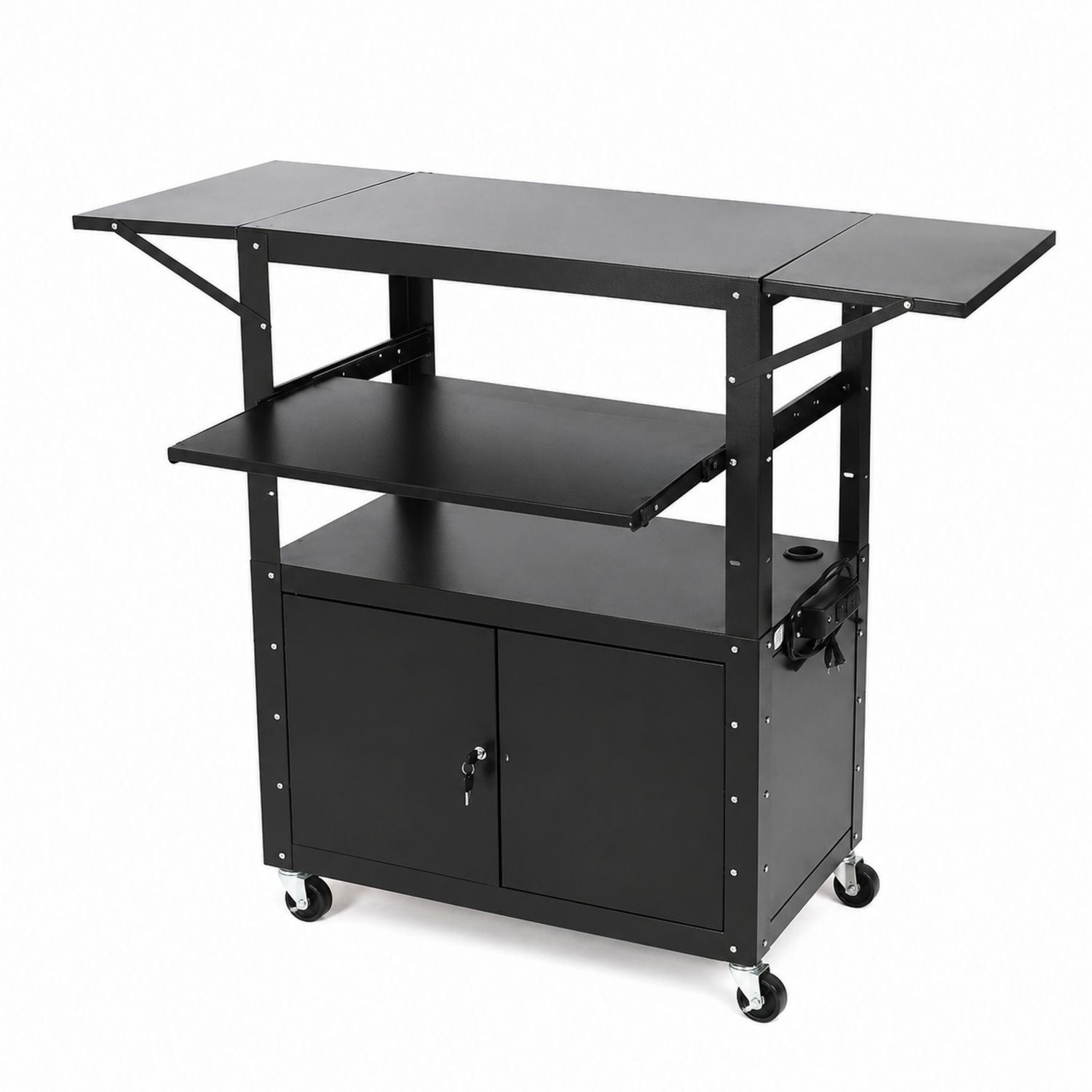 Schwarzer Metallrollwagen mit Klapptisch und Stauraum, 120x45x85cm