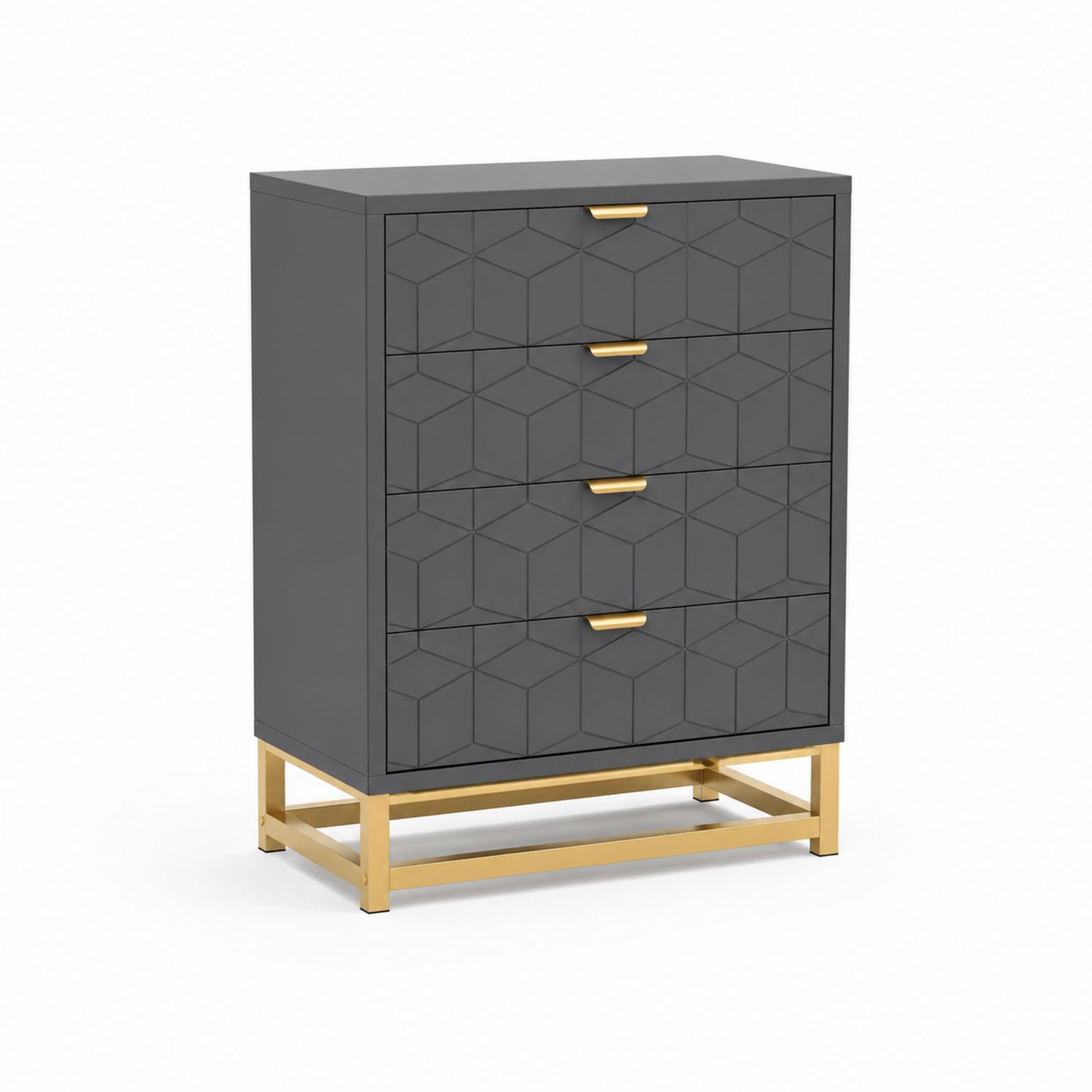 Kommode mit geometrischem Muster, 4 Schubladen, MDF, Grau, Stahlrahmen