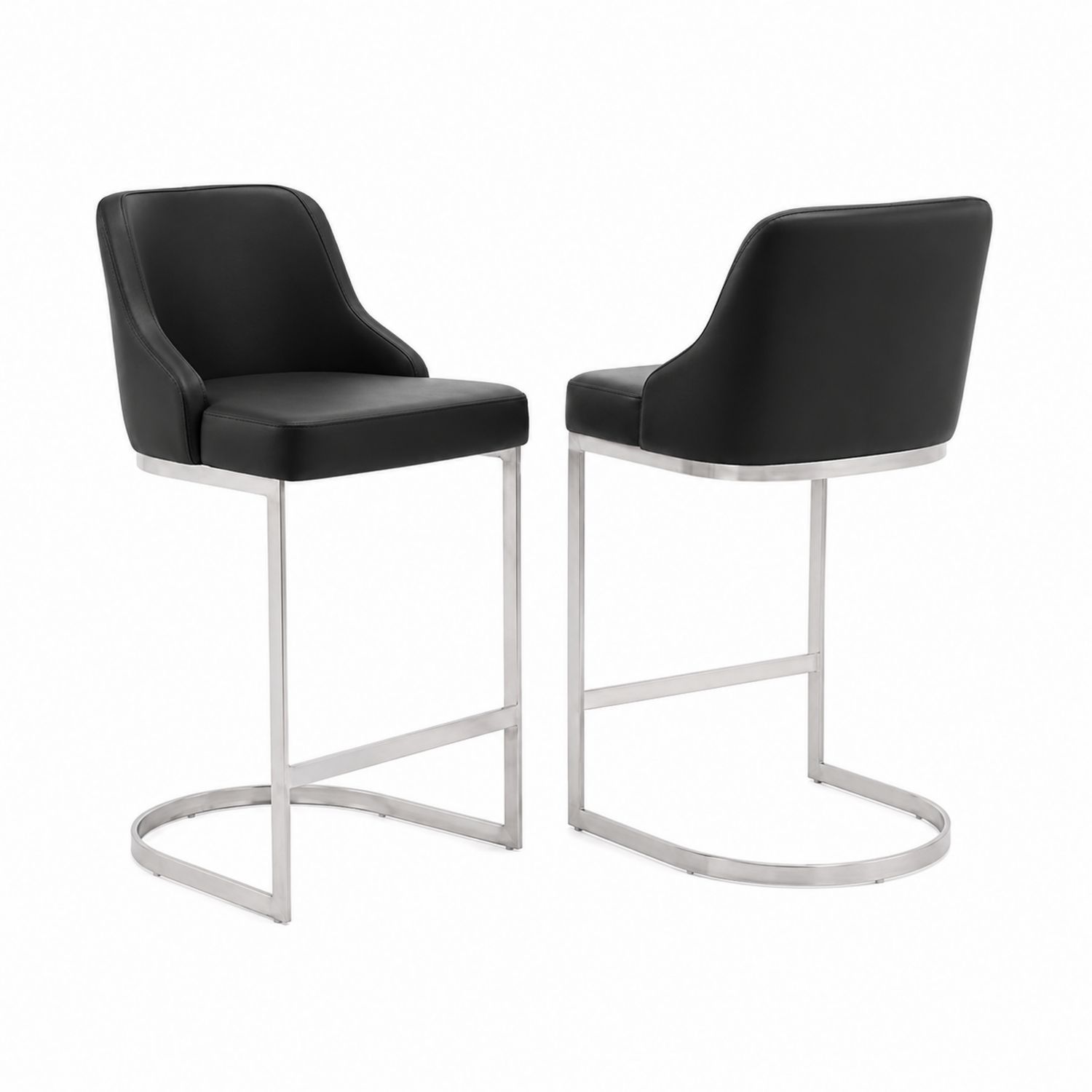 2er Set Barhocker aus schwarzem Kunstleder mit Edelstahlgestell 105cm