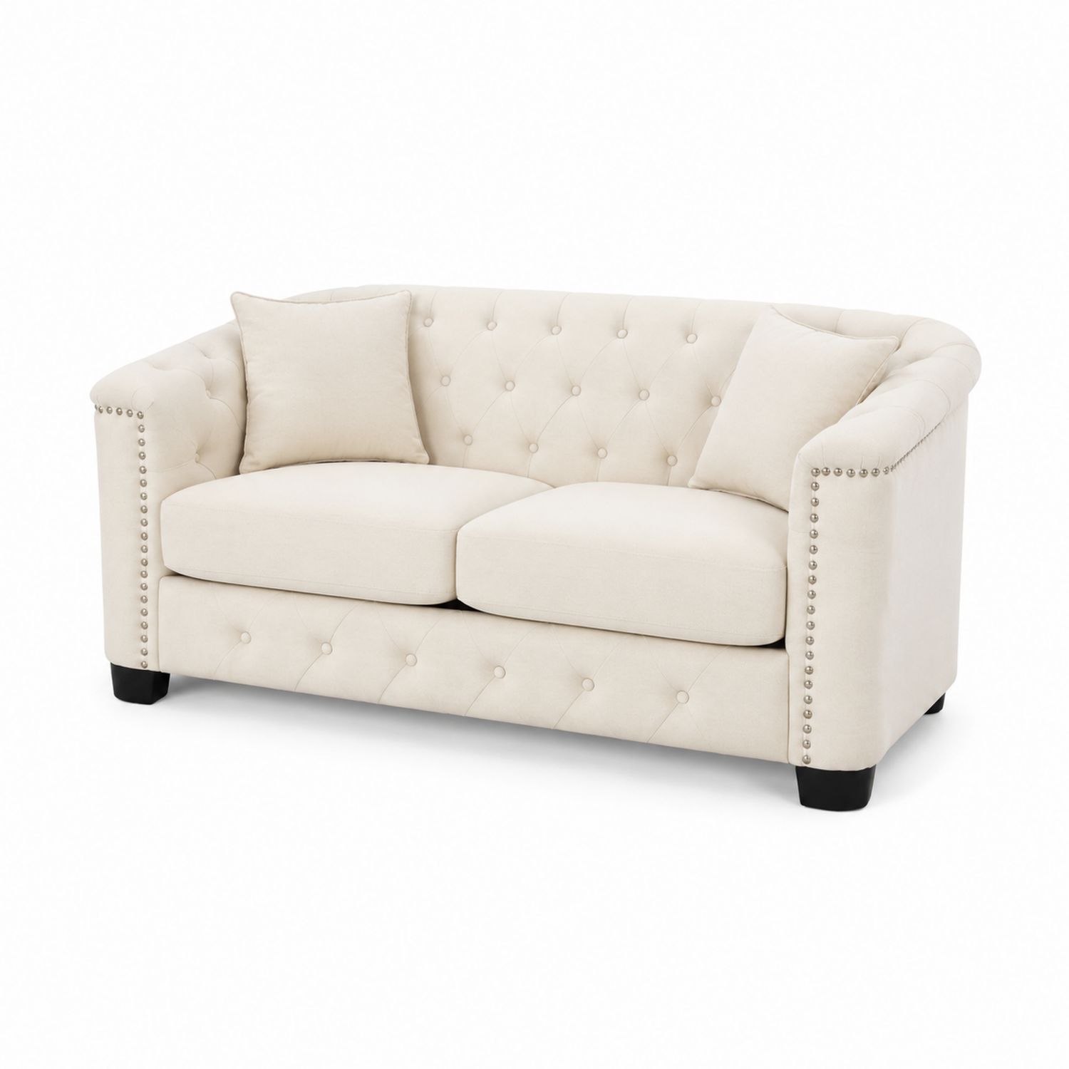 2-Sitzer Sofa Beige Stoff mit Knopf- und Nieten-Verzierungen