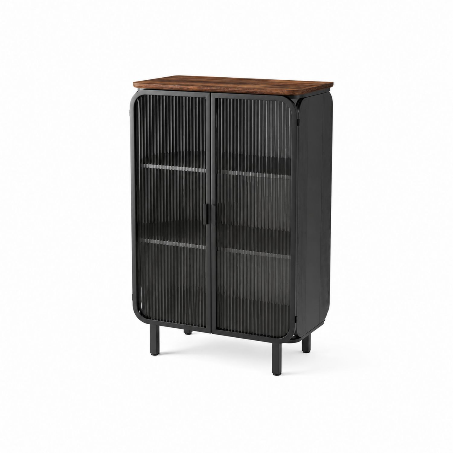 Metall- und Holzvitrine mit gerilltem Glas 120x80x40cm Schwarz/Natur