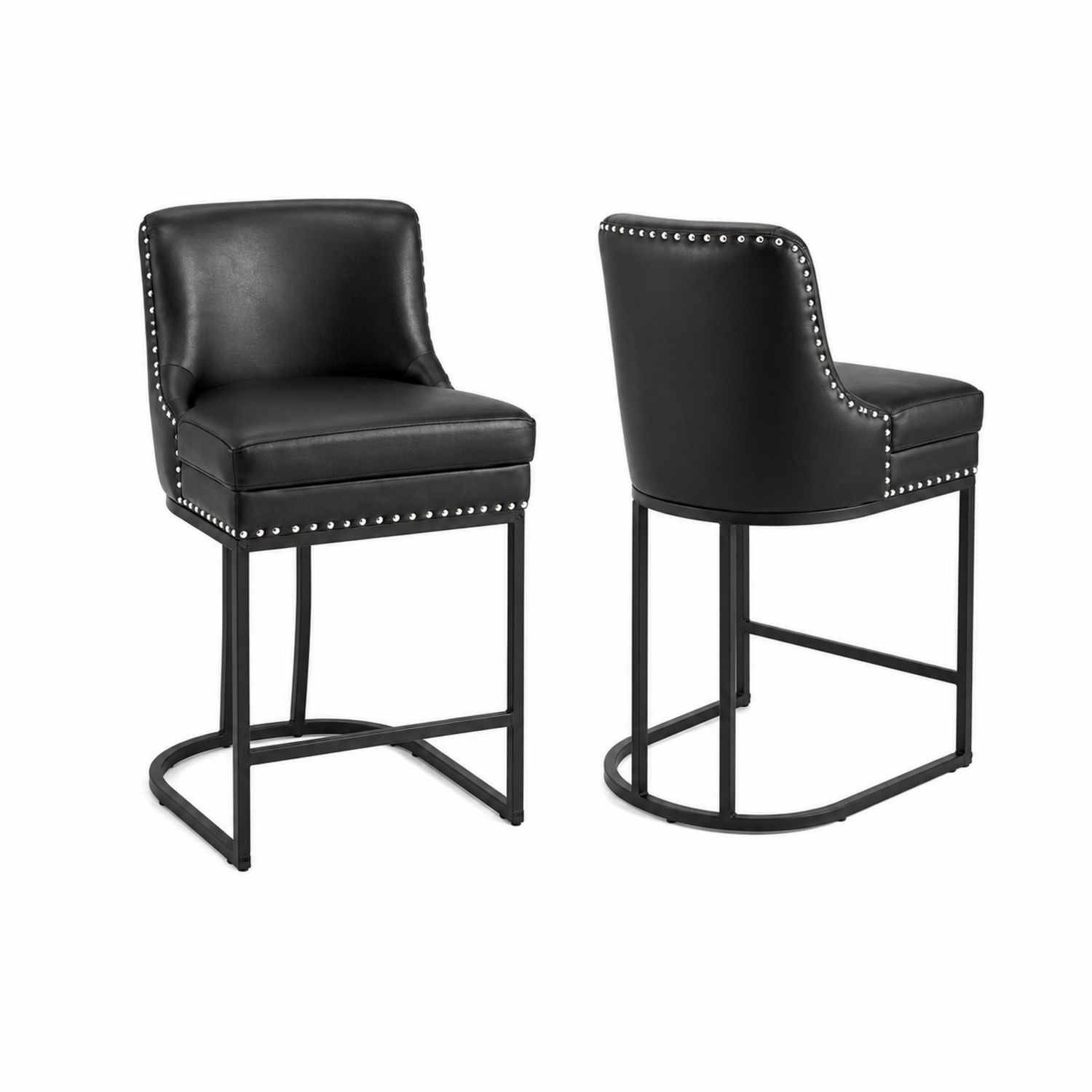 2er Set Barhocker Kunstleder Schwarz mit Rückenlehne und Metallgestell
