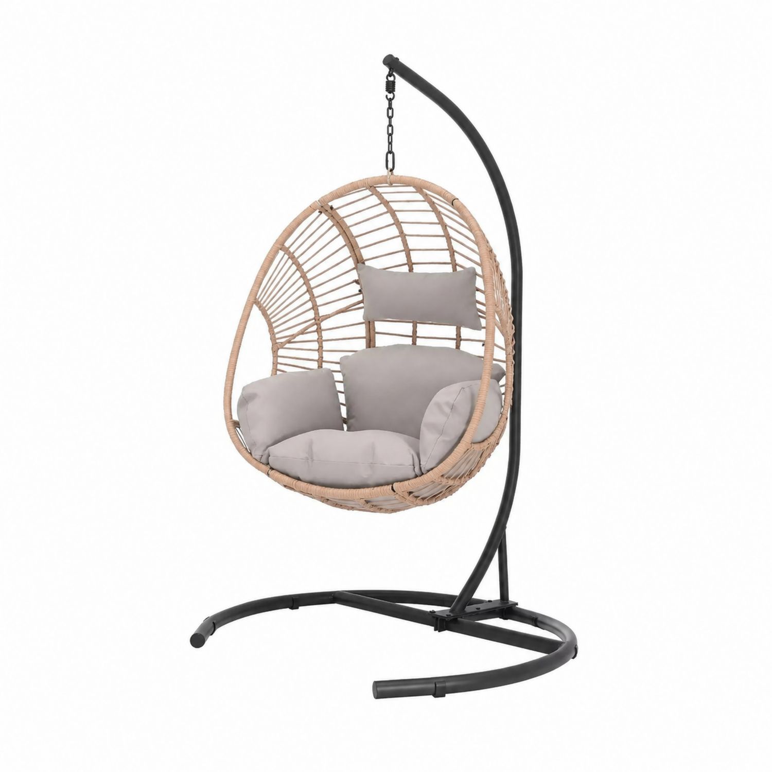Hängesessel mit Gestell aus Stahl und Rattan mit grauen Polyesterkissen