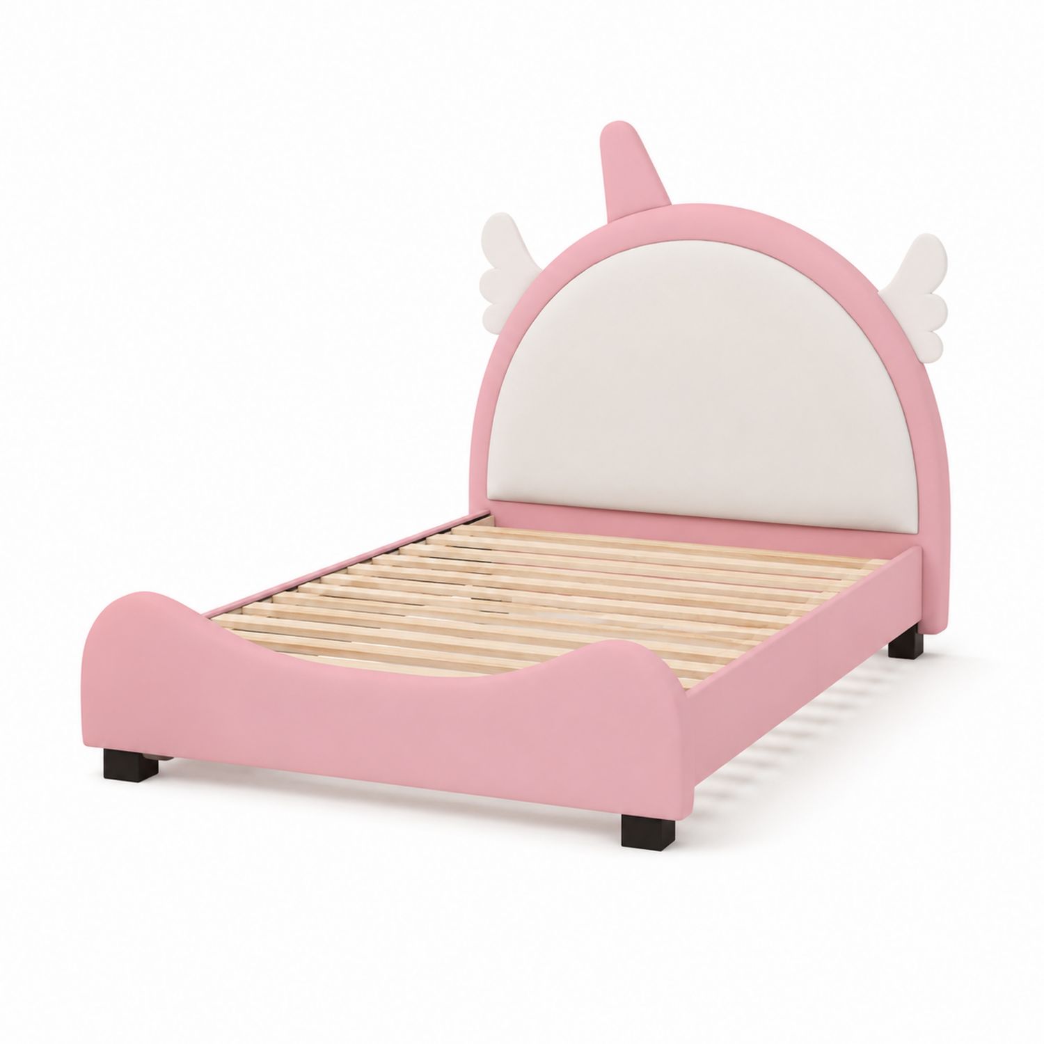 Kinderbett Holzrahmen PU Bezug Rosa/Weiß 90x200 cm