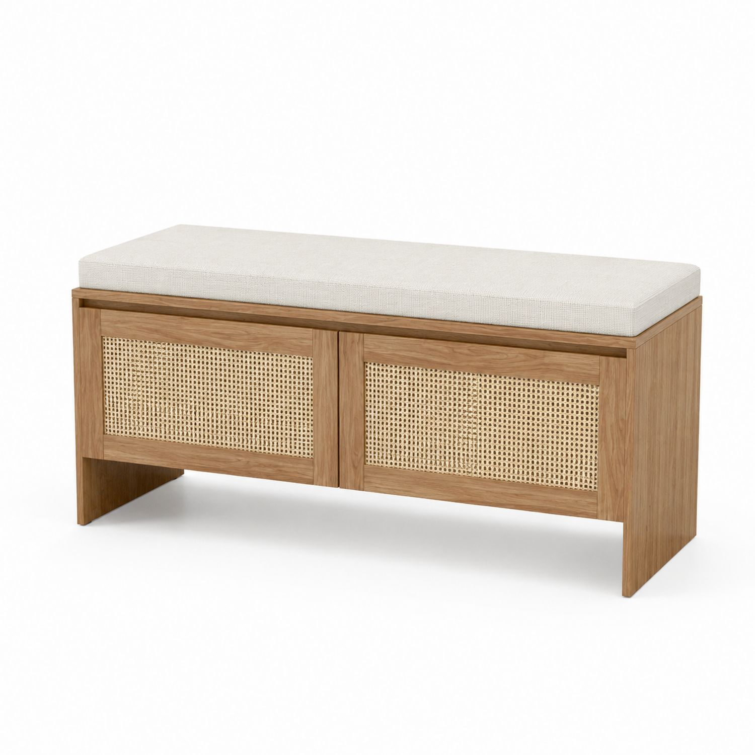 Holzbank mit Rattangeflecht und Polstersitz Beige