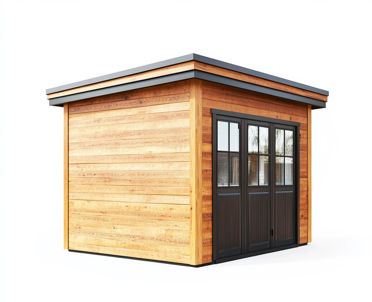 Cobertizo de Madera con Puertas Metálicas y Techo Plano-MEUBOLVIX