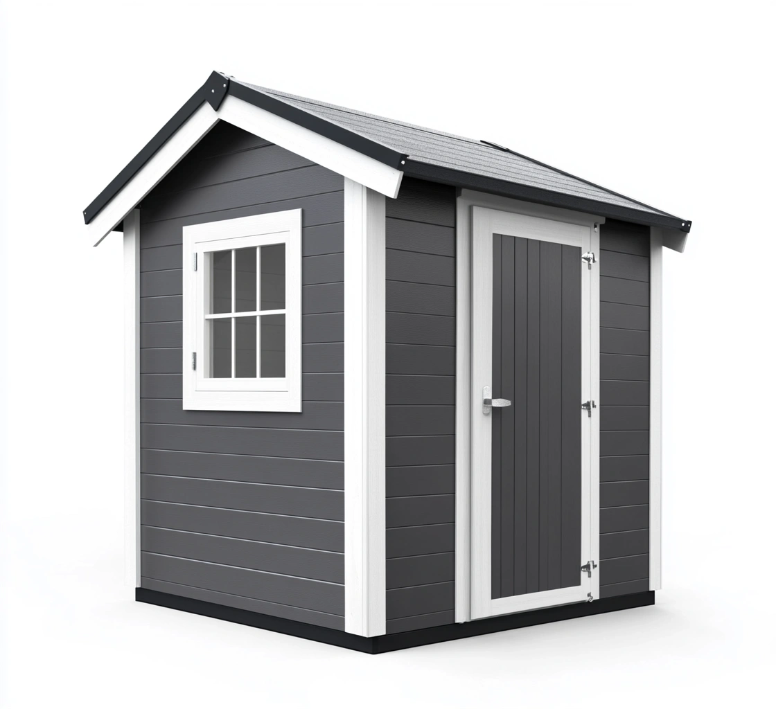 Caseta exterior de madera compuesta gris y blanca con puerta y ventana-MEUBOLVIX