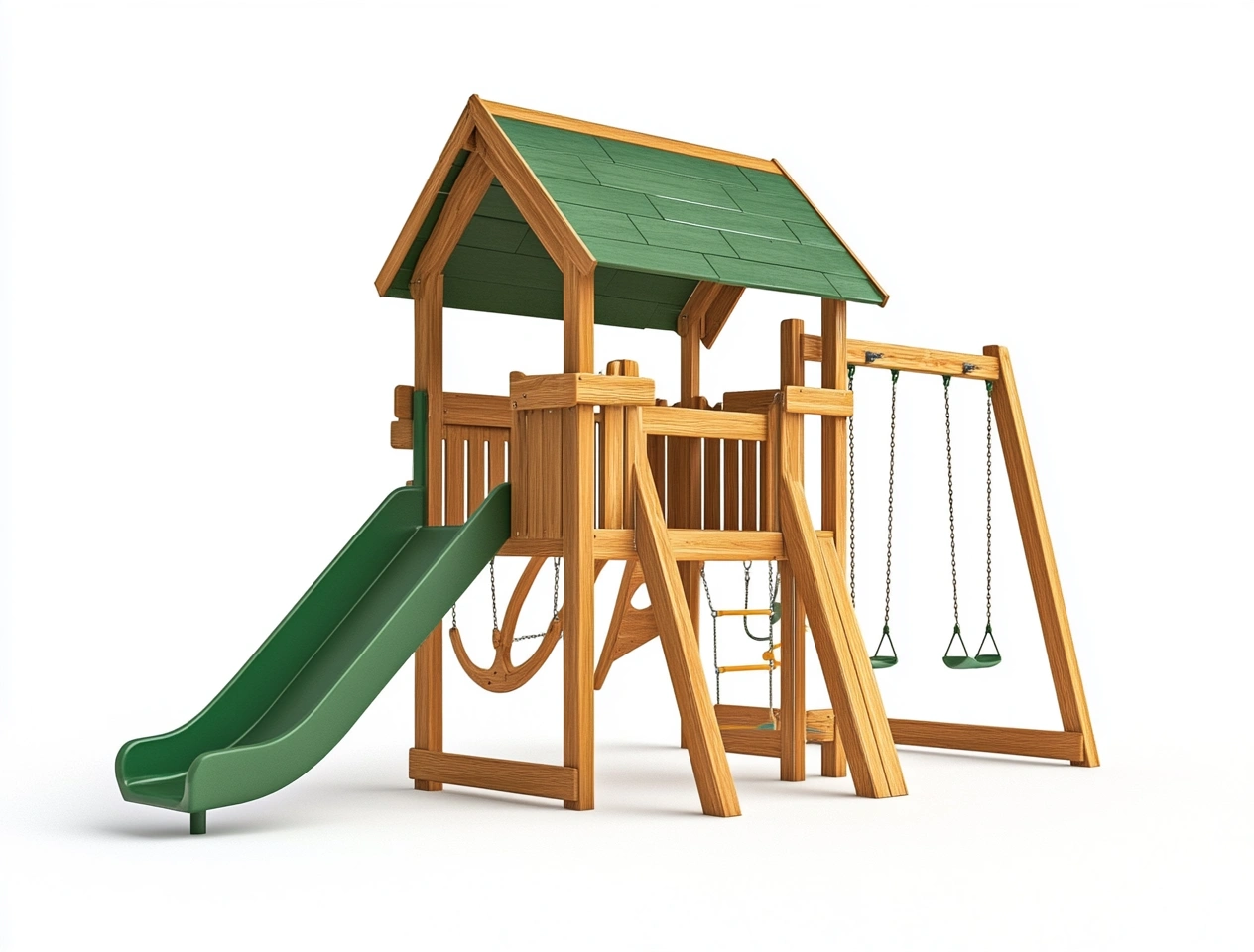 Parque infantil de madera con tobogán y columpios Verde-MEUBOLVIX