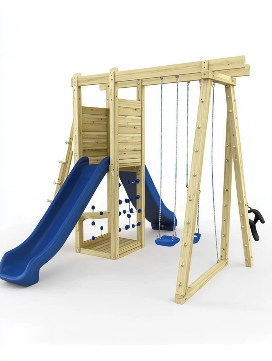 Parque infantil de madera con tobogán y columpios azul-MEUBOLVIX