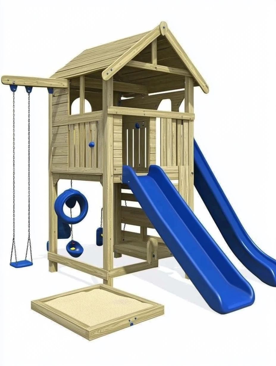 Parque infantil de madera con tobogán y columpios azules-MEUBOLVIX