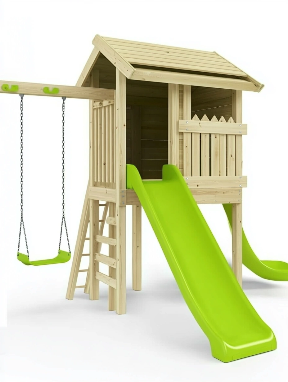 Torre de Juego de Madera con Tobogán Verde y Columpio-MEUBOLVIX