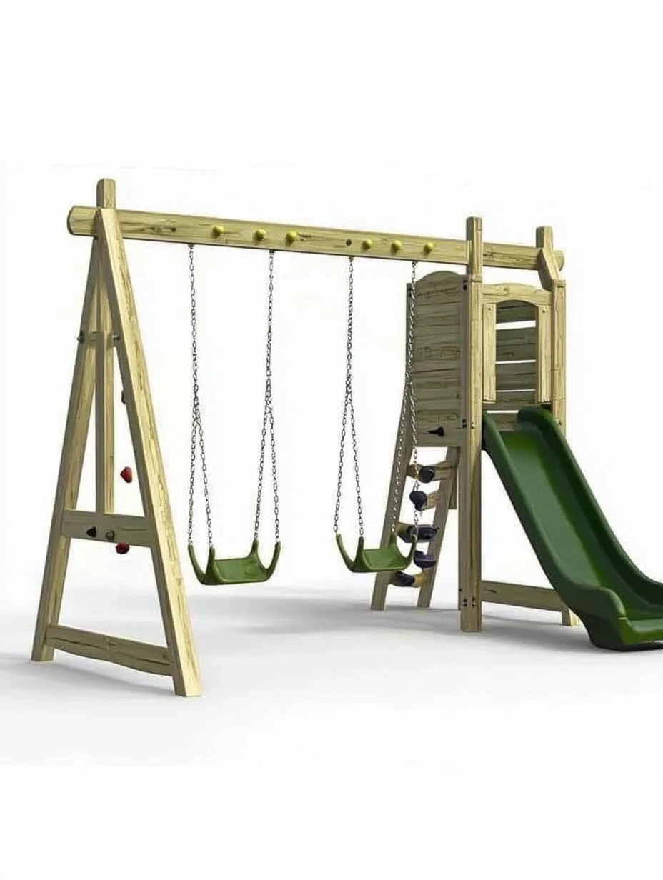 Parque infantil de madera con columpios y tobogán verde-MEUBOLVIX