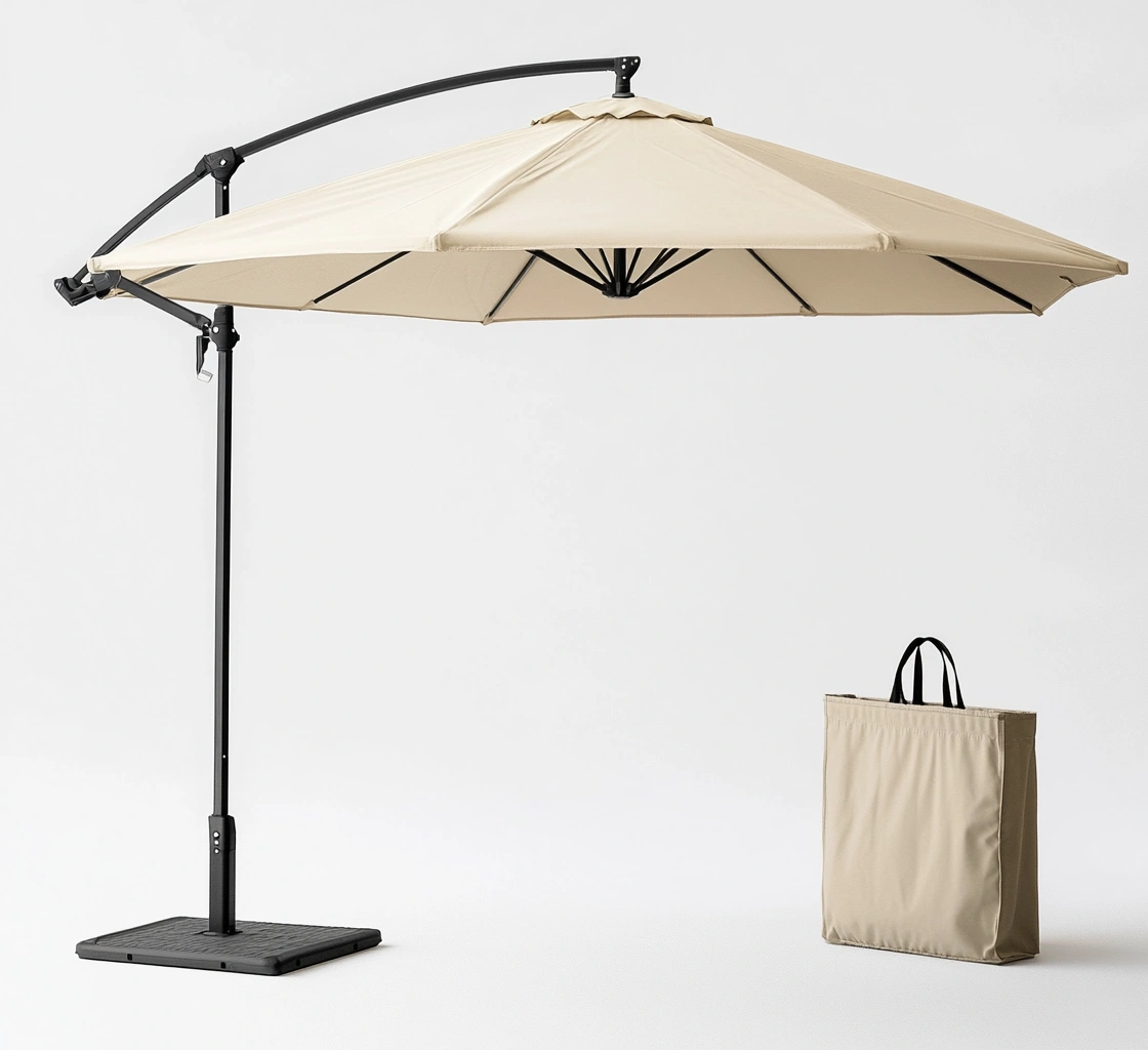 Sombrilla colgante de metal y poliéster beige 3m con base-MEUBOLVIX